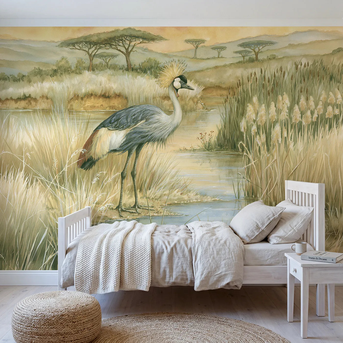 Storybook wall mural of a golden crowned crane by Whimsy Tots