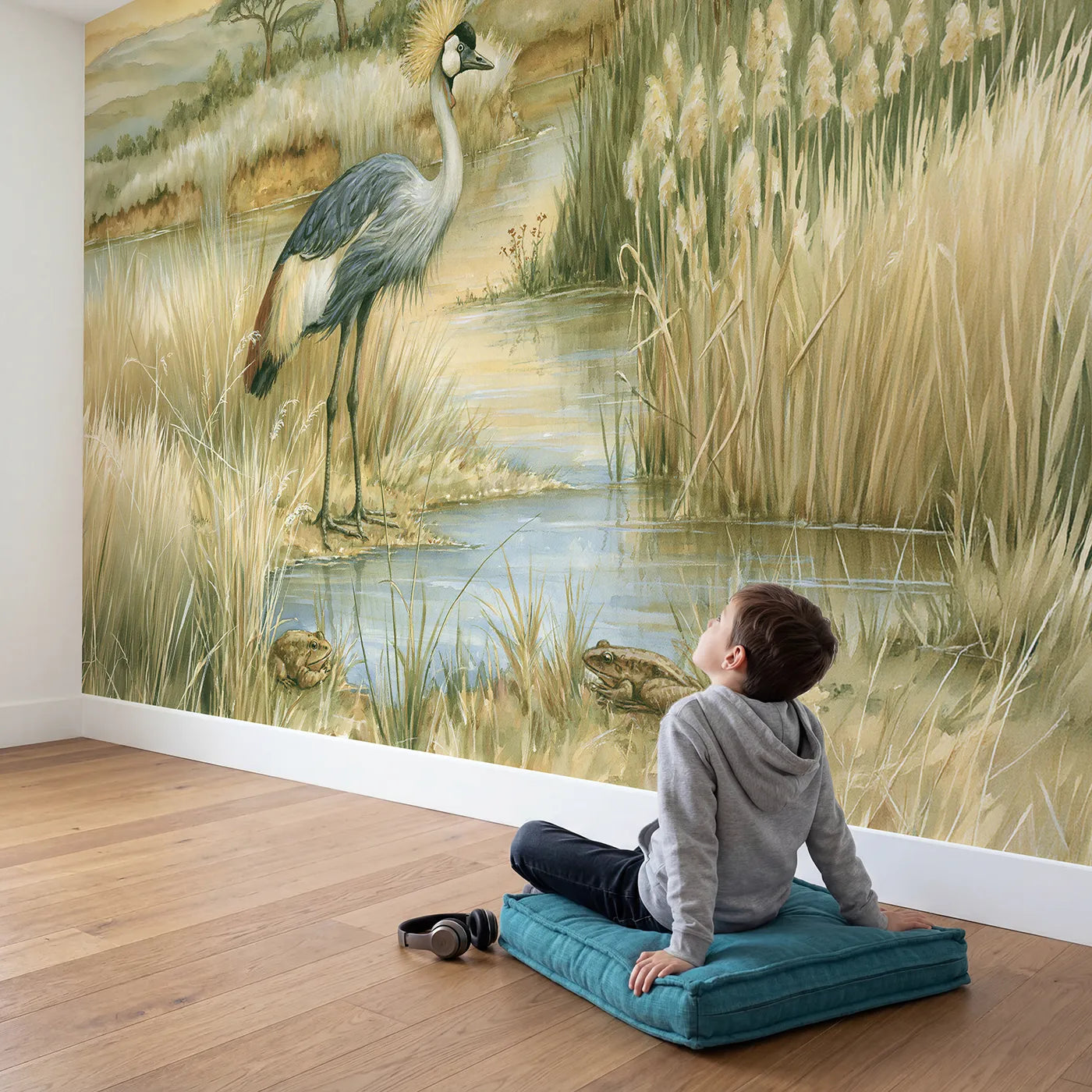 Child in nursery with Golden Crowned Crane Wallpaper Mural by Whimsy Tots