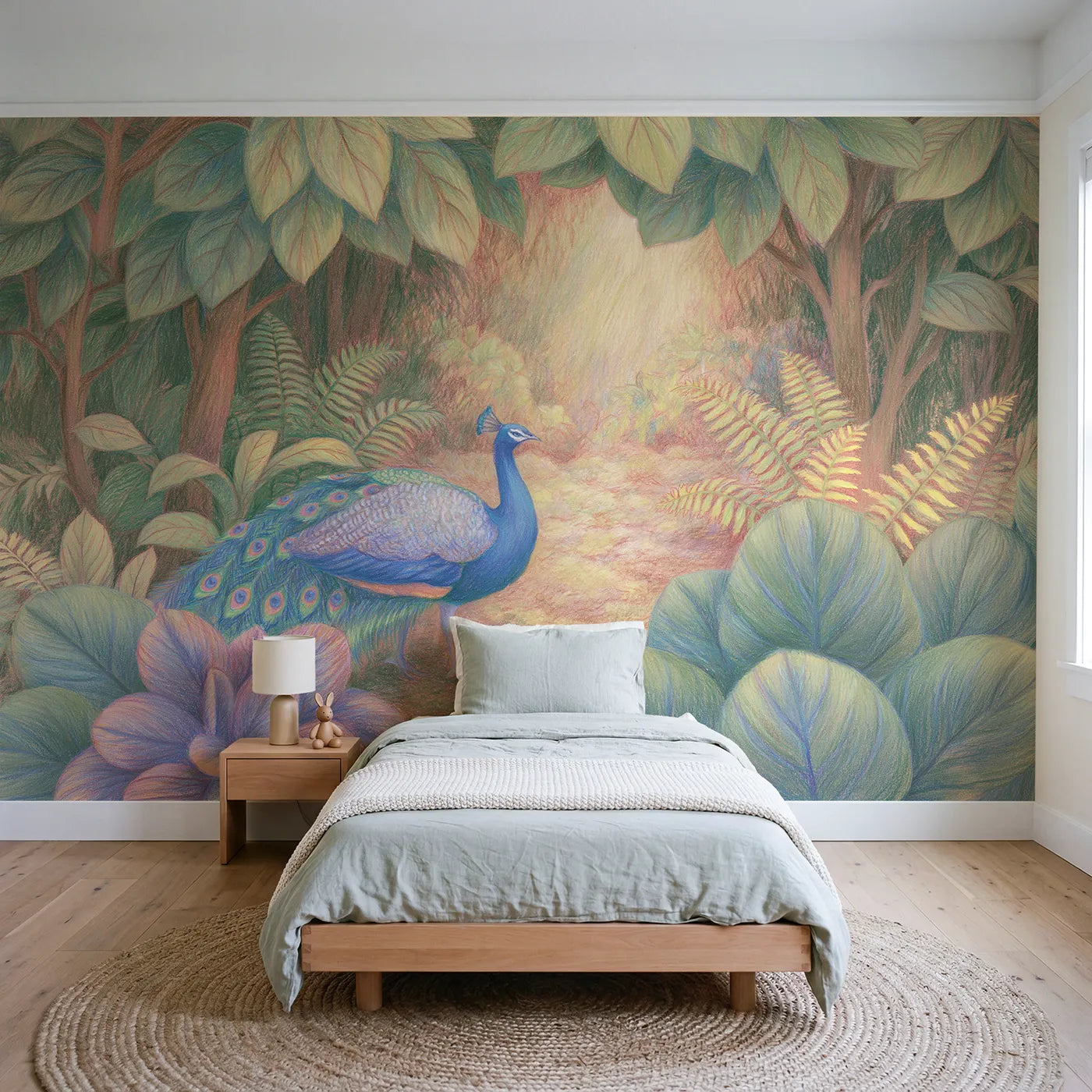 Colored-pencil wall mural of a graceful peacock by Whimsy Tots