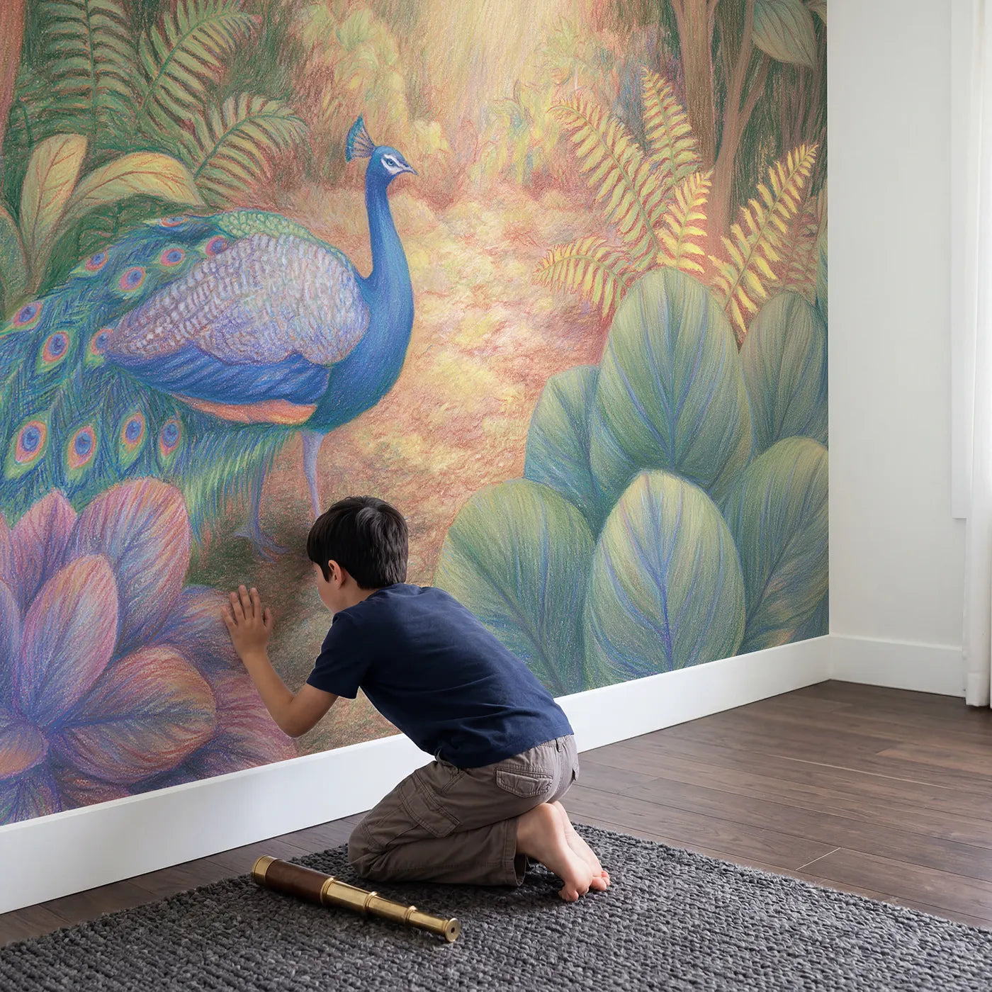 Child in nursery with Graceful Peacock Wallpaper Mural by Whimsy Tots