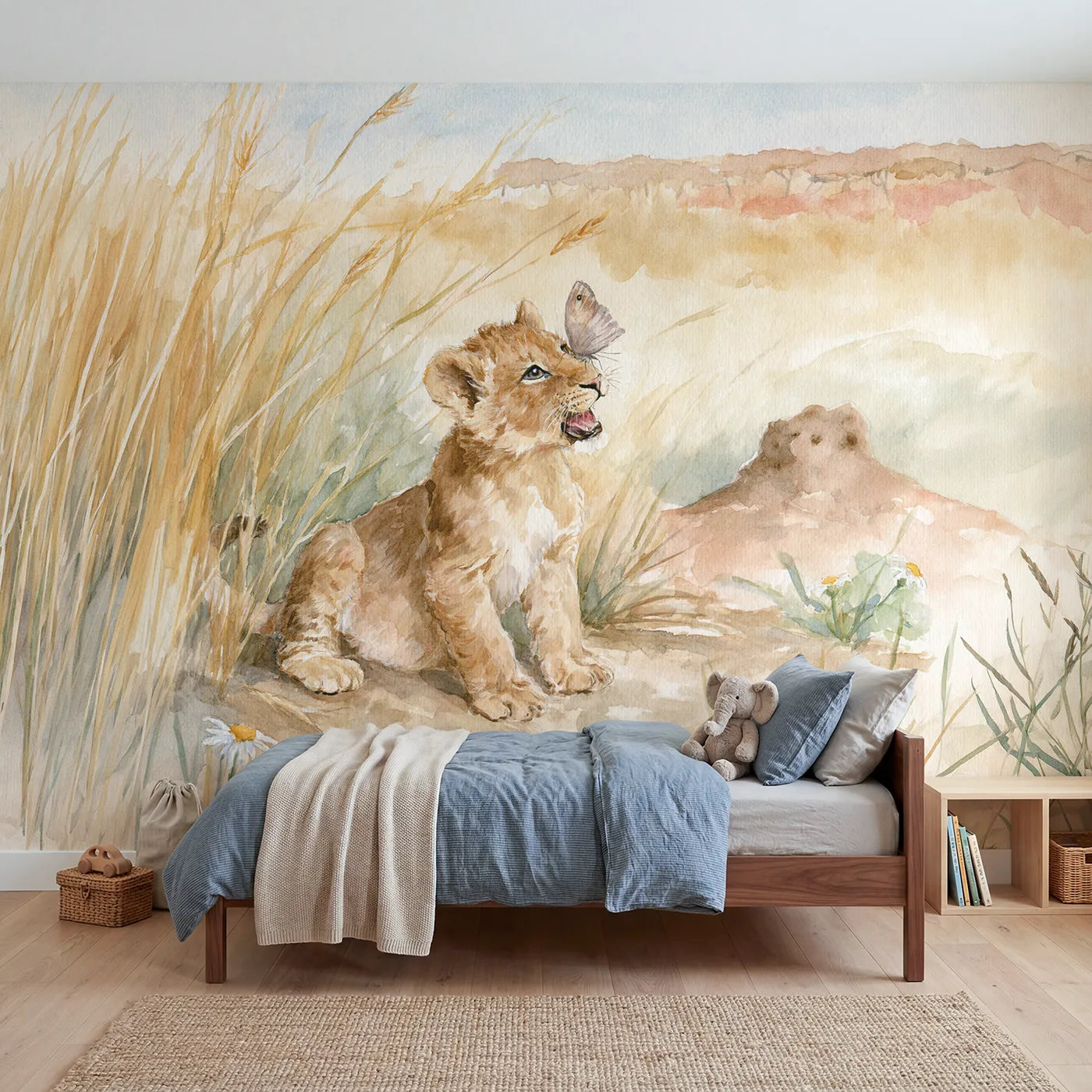Watercolor lion cub roaring at a butterfly, wall mural for a toddler room by Whimsy Tots