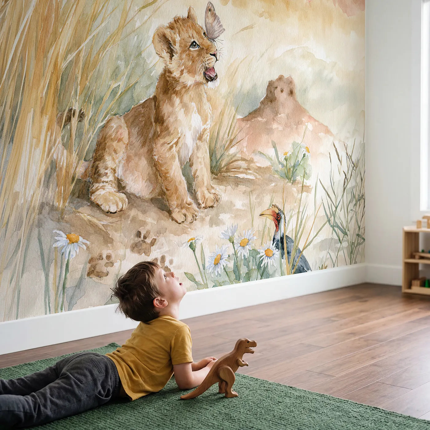 Child in nursery with The Littlest Roar Wallpaper Mural by Whimsy Tots