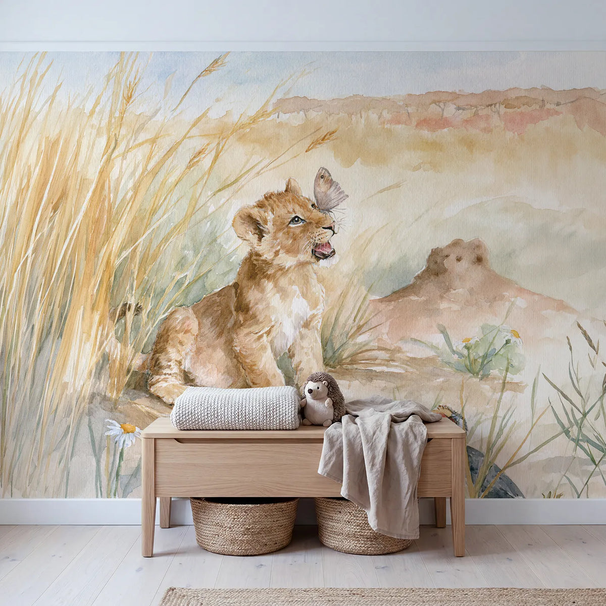 The Littlest Roar Wallpaper Mural in playroom setting by Whimsy Tots