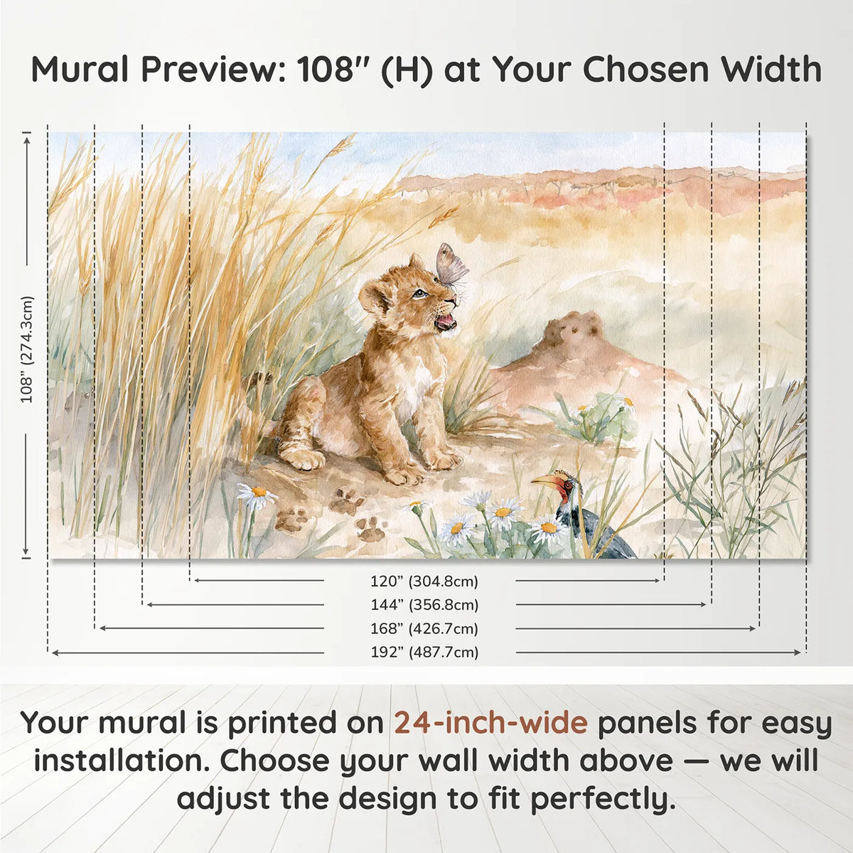 Panel layout and dimensions for The Littlest Roar Wallpaper Mural by Whimsy Tots