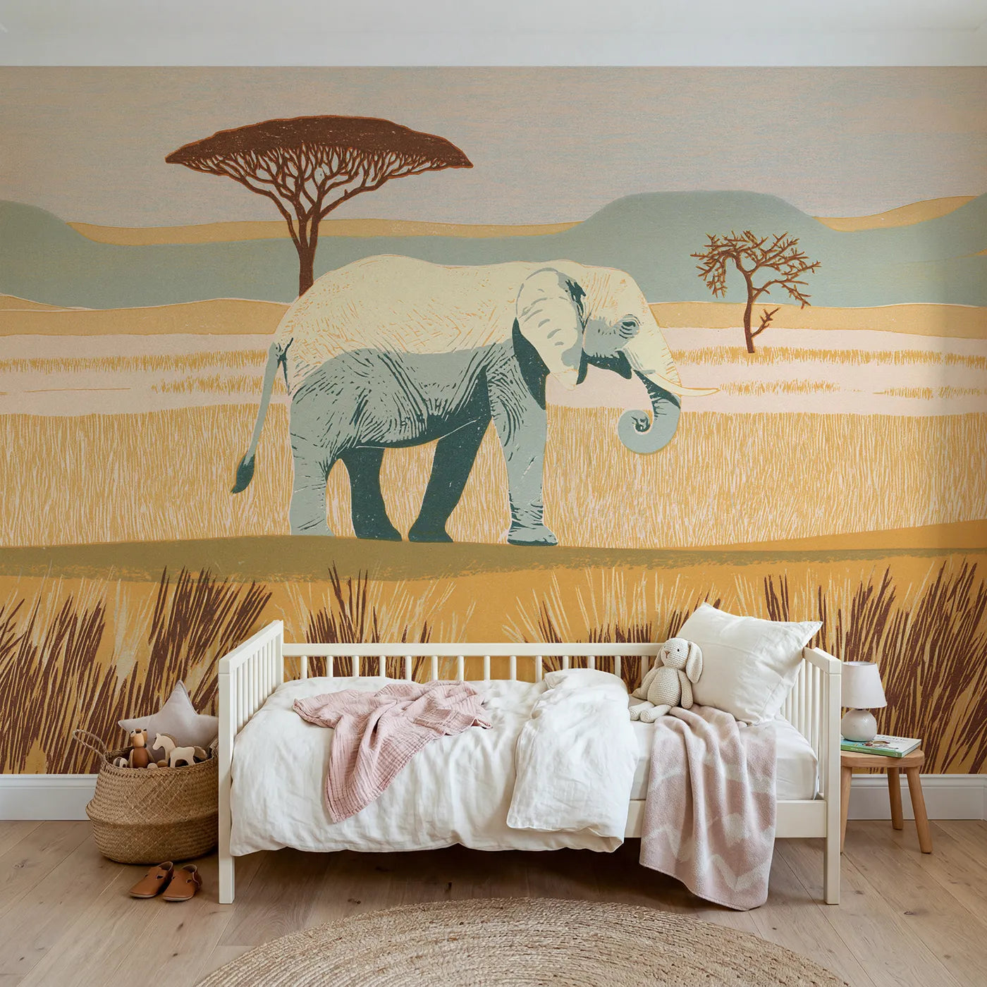 Block-print wall mural of a linocut elephant by Whimsy Tots
