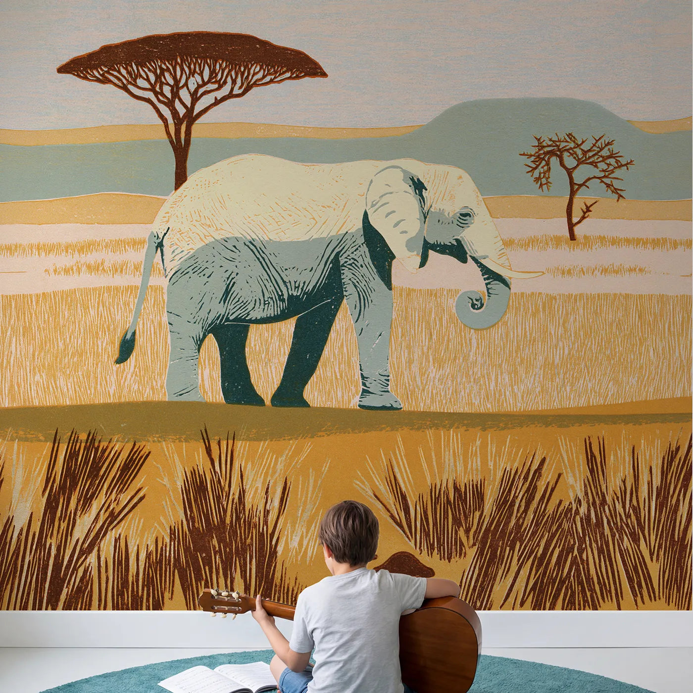 Child in nursery with Linocut Elephant Print Wallpaper Mural by Whimsy Tots