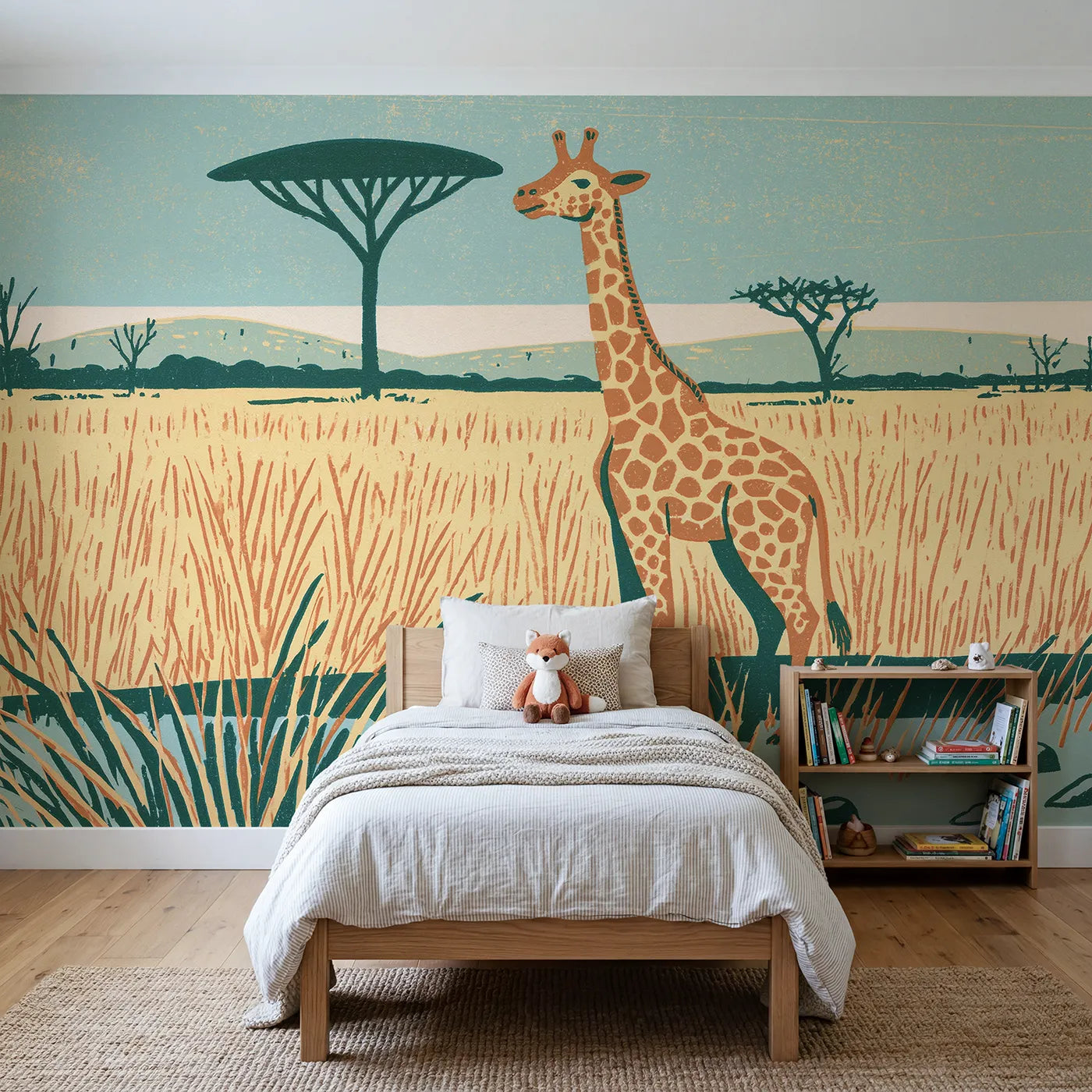 Block-print wall mural of a tall linocut giraffe by Whimsy Tots