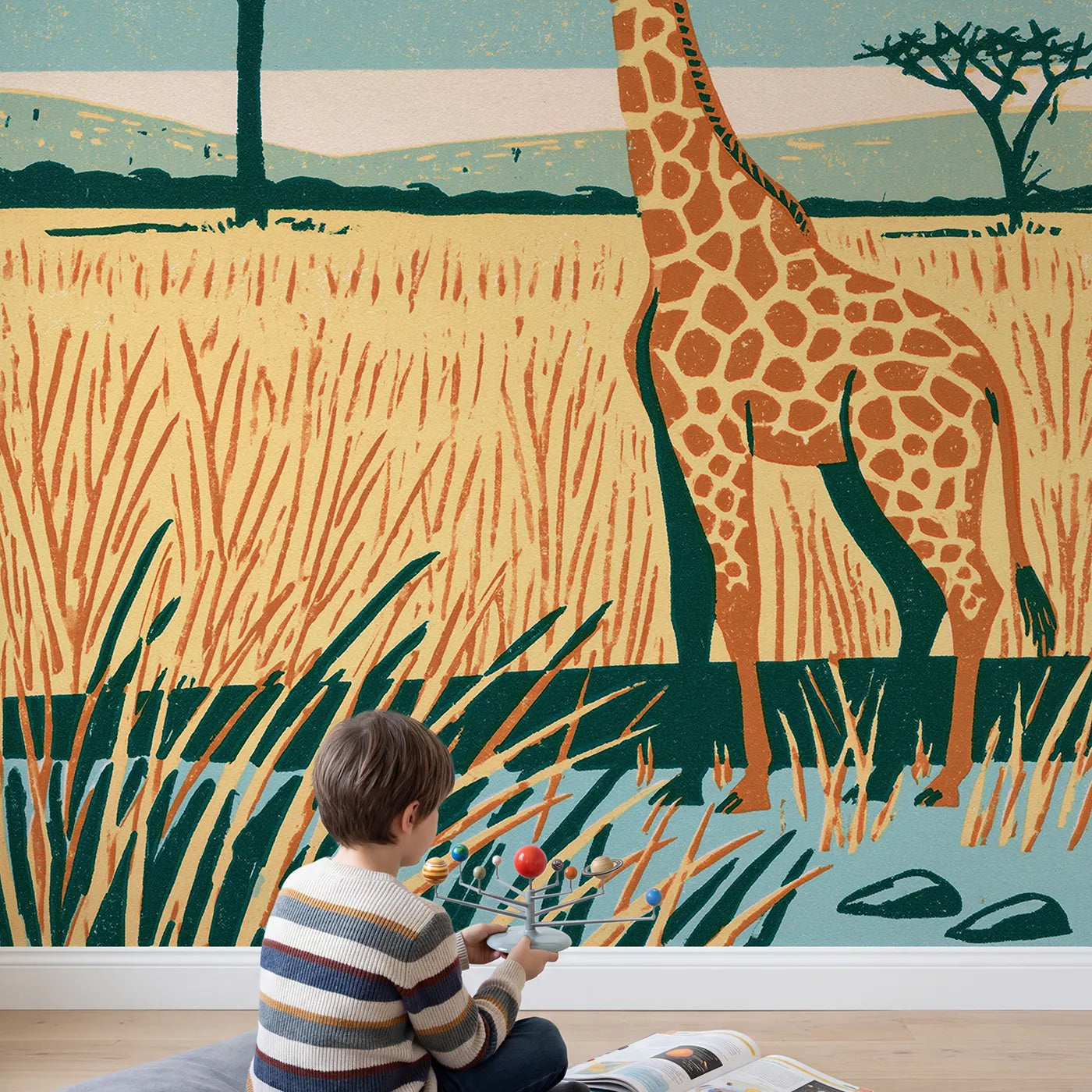 Child in nursery with Linocut Giraffe Print Wallpaper Mural by Whimsy Tots