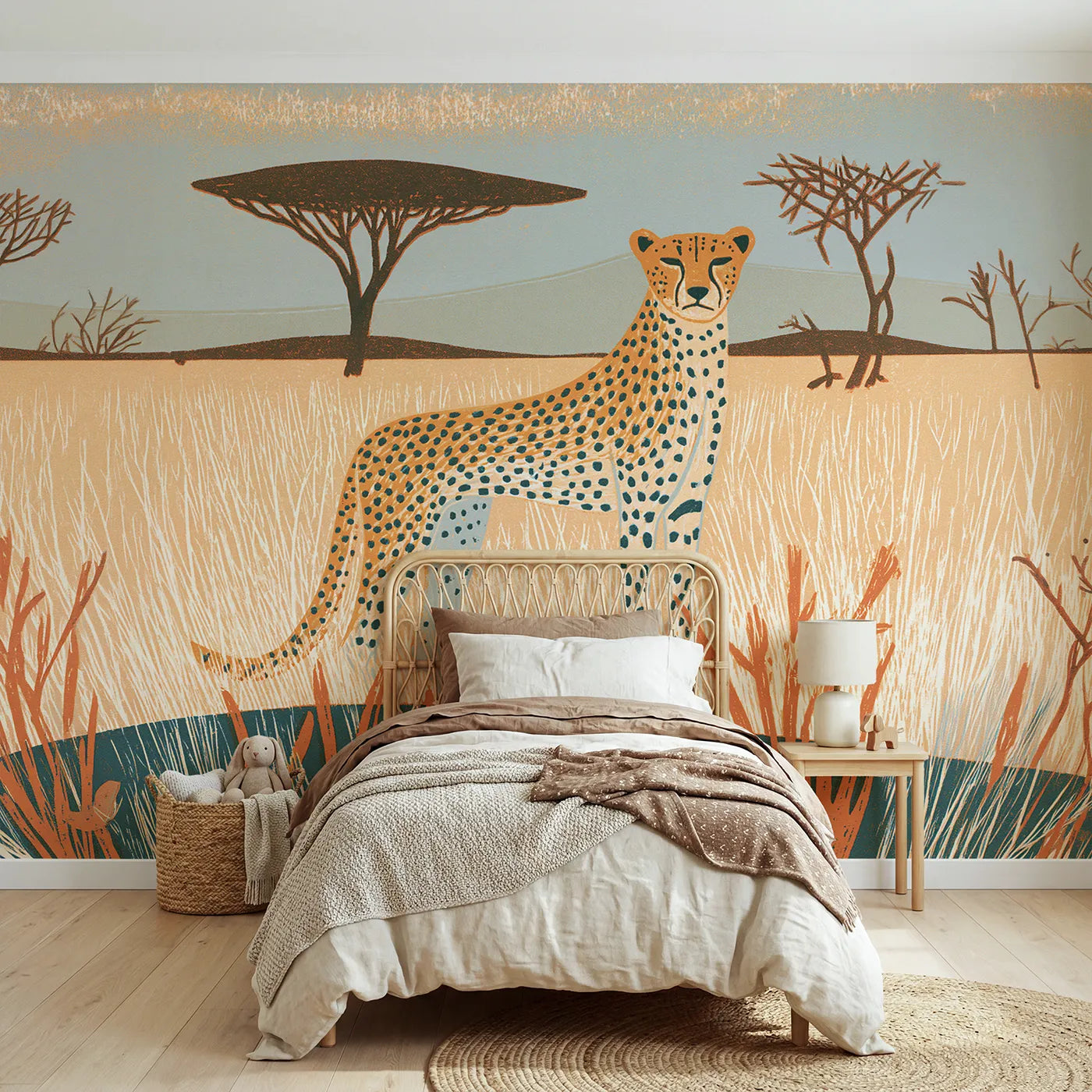 Block-print wall mural of a linocut cheetah by Whimsy Tots
