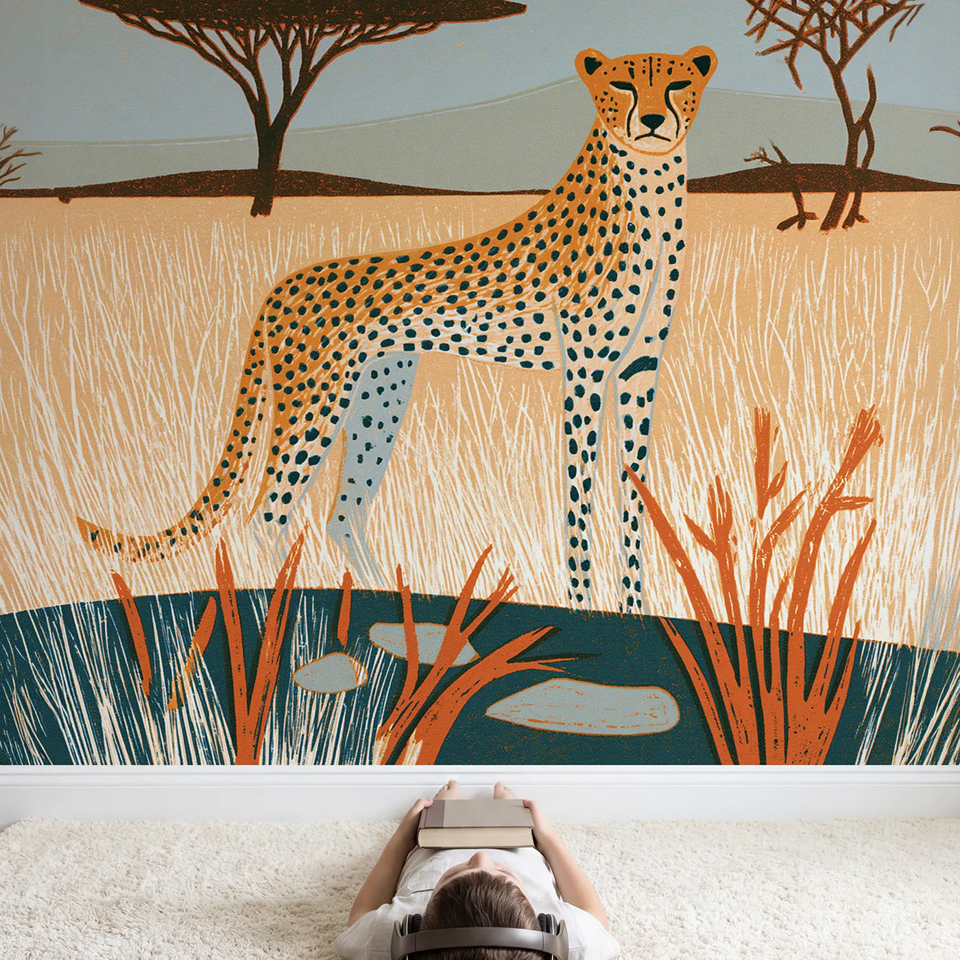 Child in nursery with Linocut Cheetah Print Wallpaper Mural by Whimsy Tots