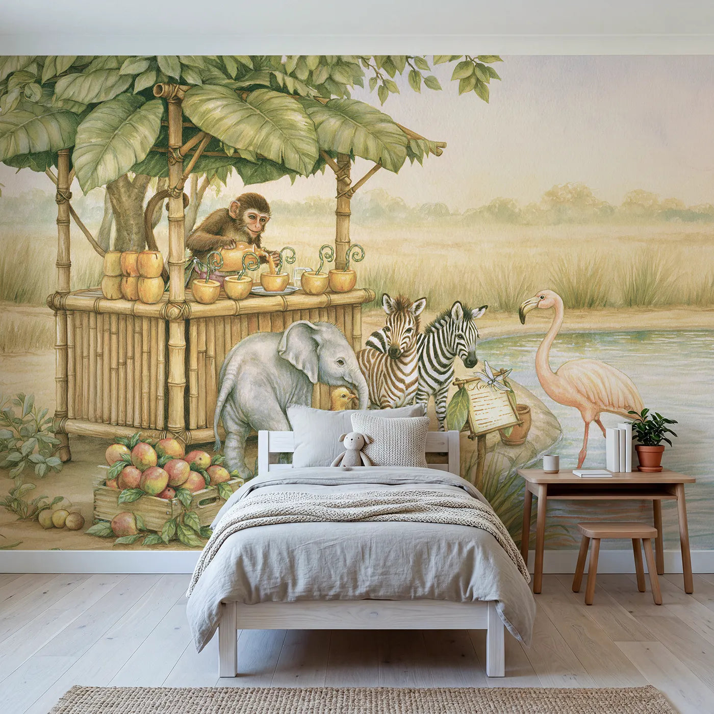 Storybook monkey juice stand with a queue of animals, wallpaper mural for a playroom by Whimsy Tots