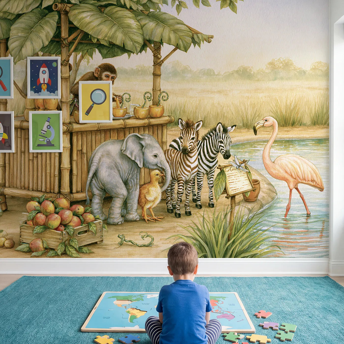 Child in nursery with Watering Hole Juice Stand Wallpaper Mural by Whimsy Tots