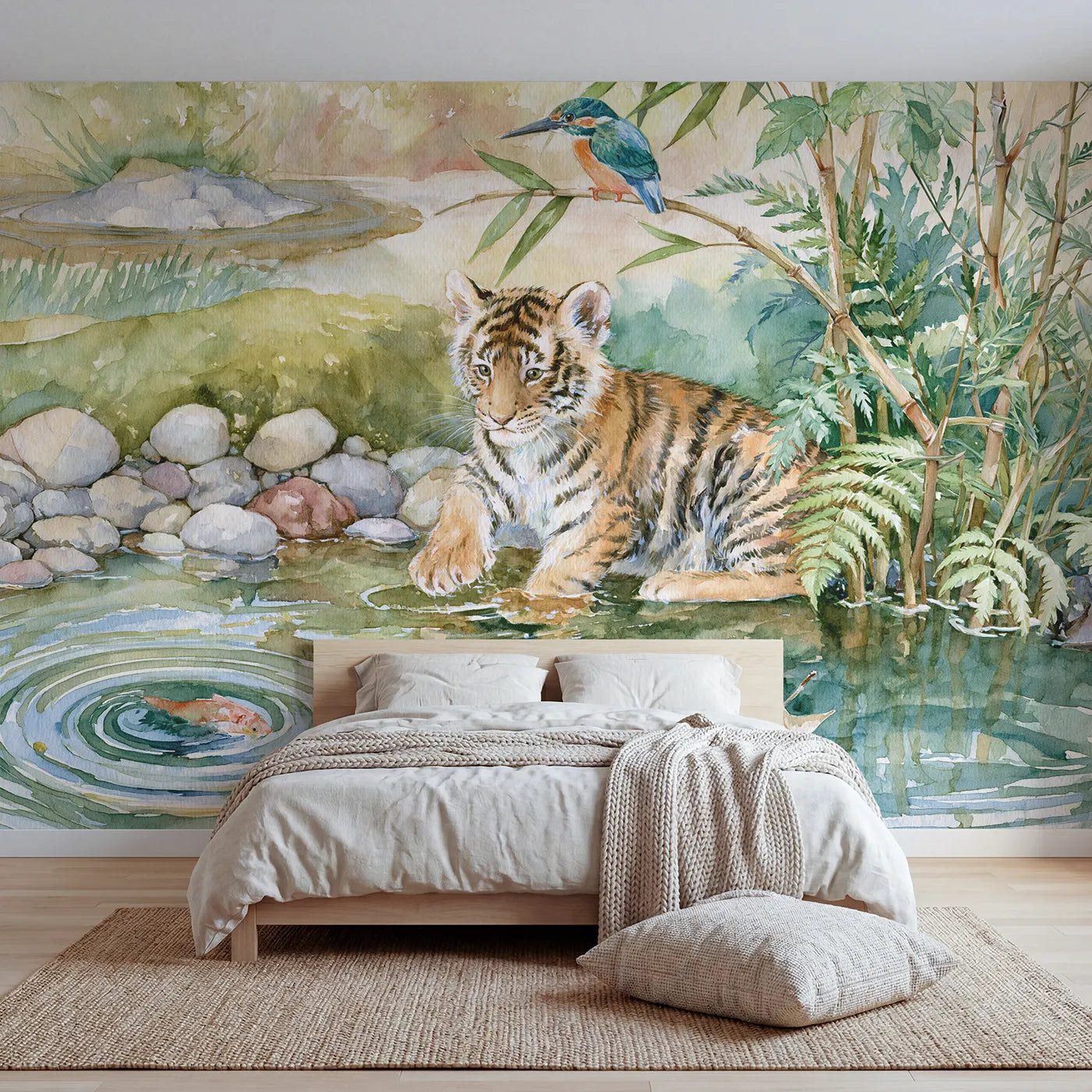 Watercolor tiger cub and kingfisher at a stream, wall mural for a big-kid bedroom by Whimsy Tots