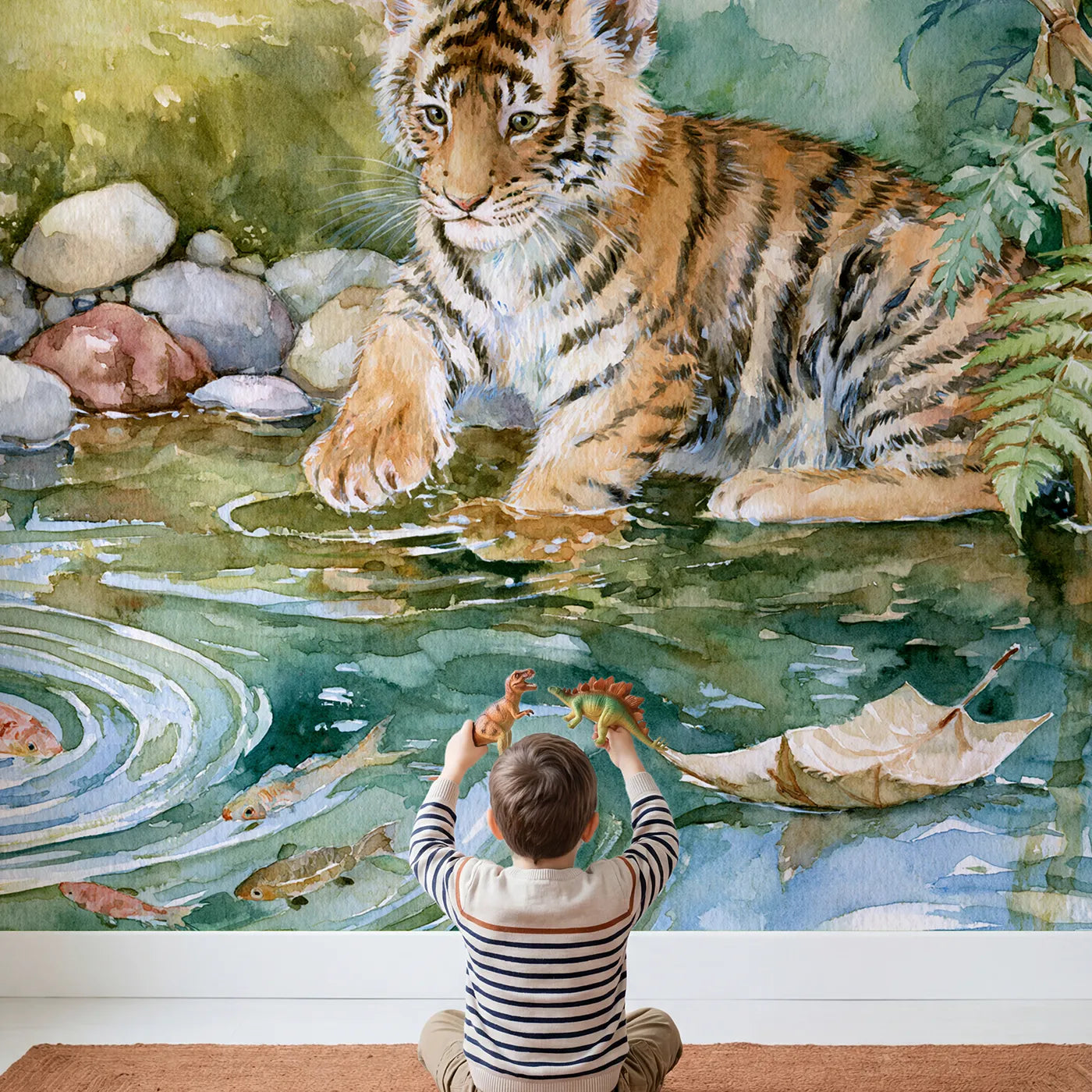Child in nursery with Tiger Cub and the Kingfisher Wallpaper Mural by Whimsy Tots