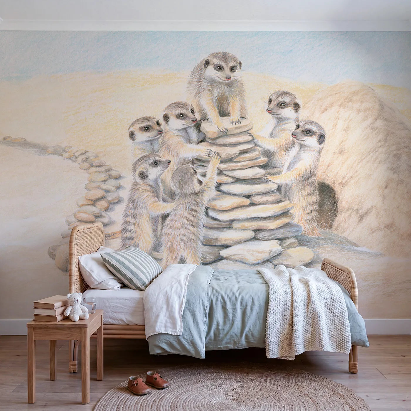 Colored Pencil meerkat pups stacking a pebble tower, wall mural for a kids room by Whimsy Tots