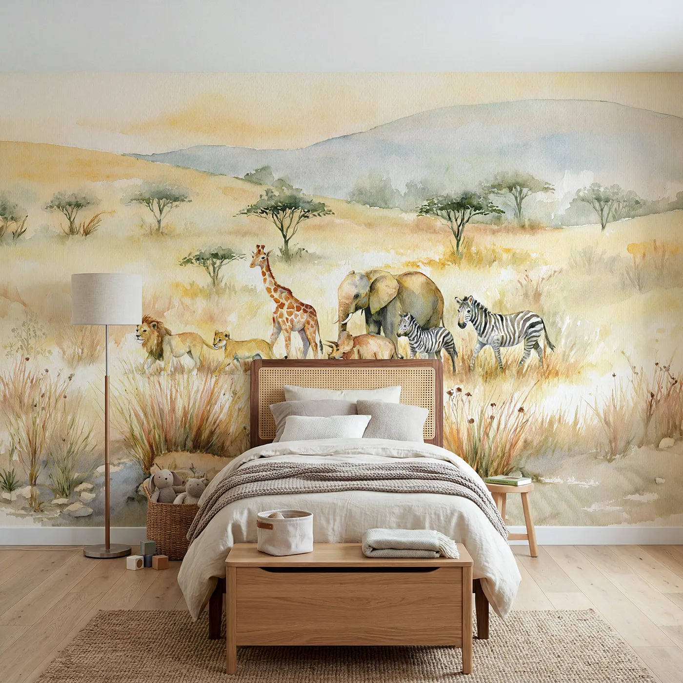 Watercolor wall mural of a safari animal alphabet by Whimsy Tots