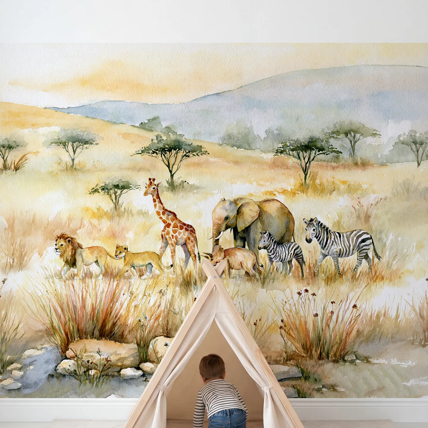 Child in nursery with Savanna Friends March Wallpaper Mural by Whimsy Tots