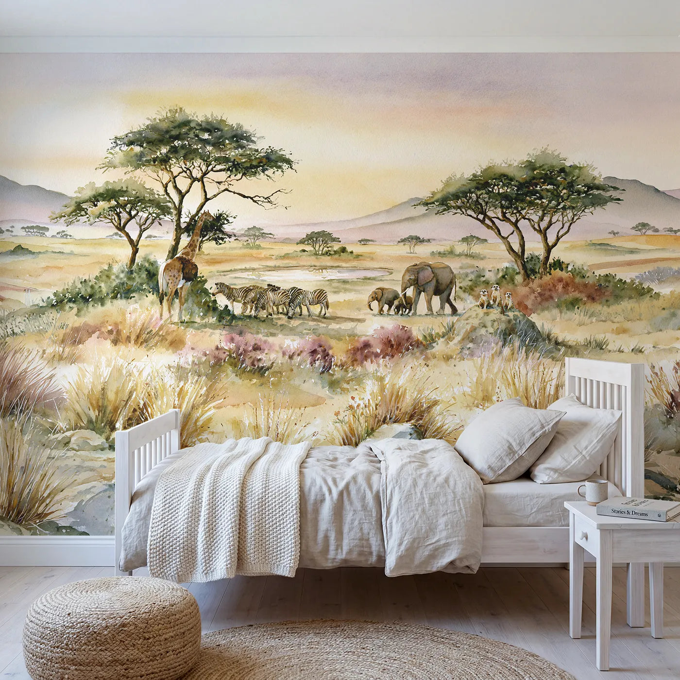 Watercolor wall mural of a detailed savanna habitat by Whimsy Tots
