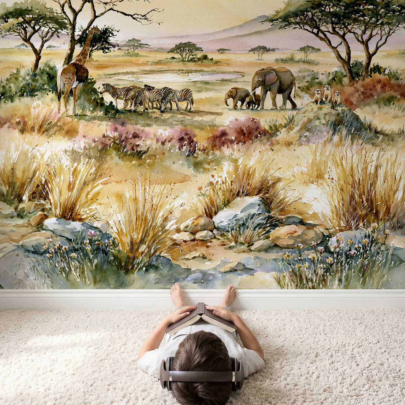 Child in nursery with Savanna Habitat Scene Wallpaper Mural by Whimsy Tots