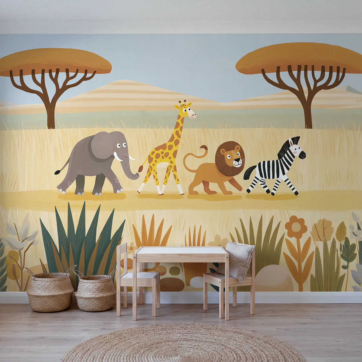 Gouache wall mural of a safari animal parade by Whimsy Tots