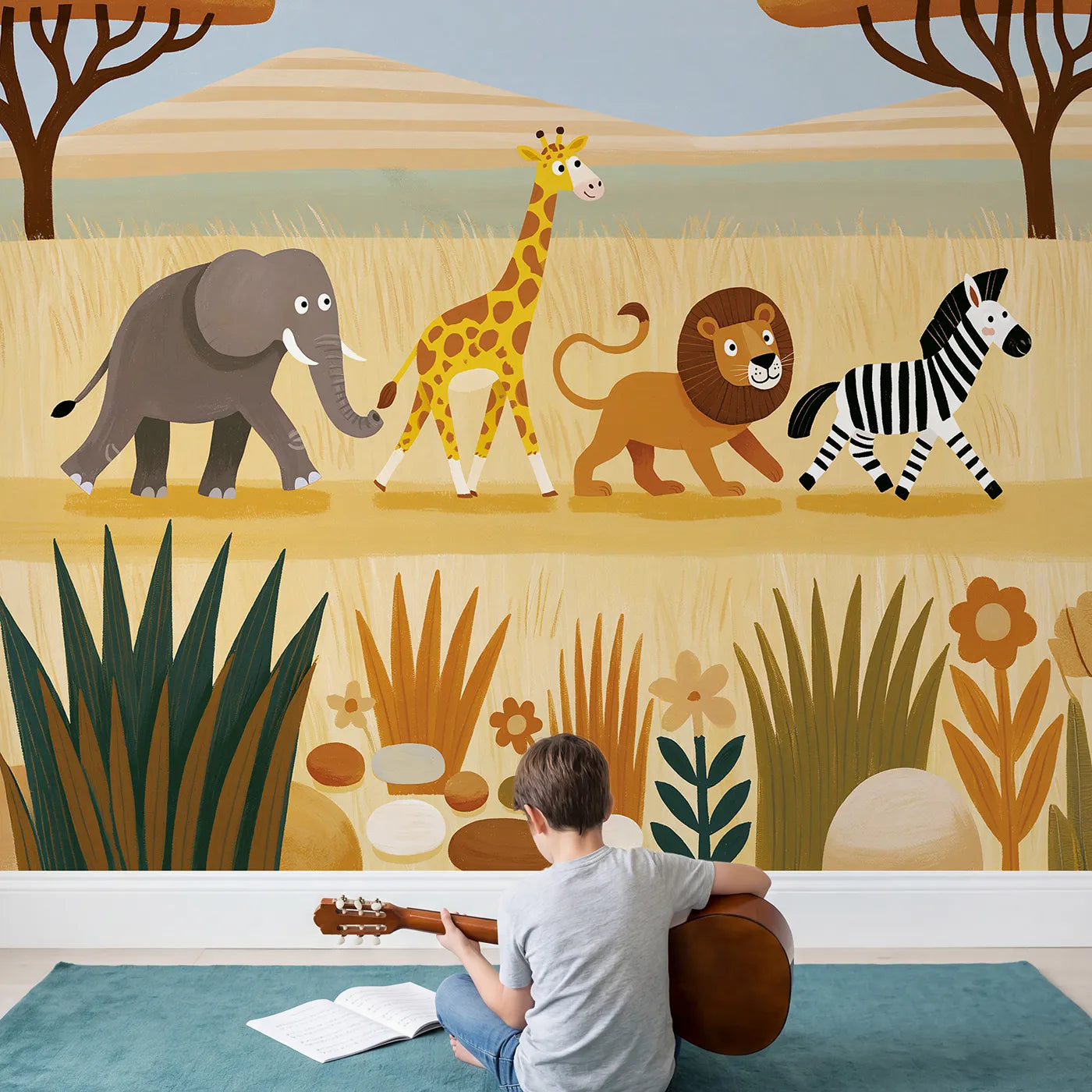 Child in nursery with Safari Animal Parade Wallpaper Mural by Whimsy Tots