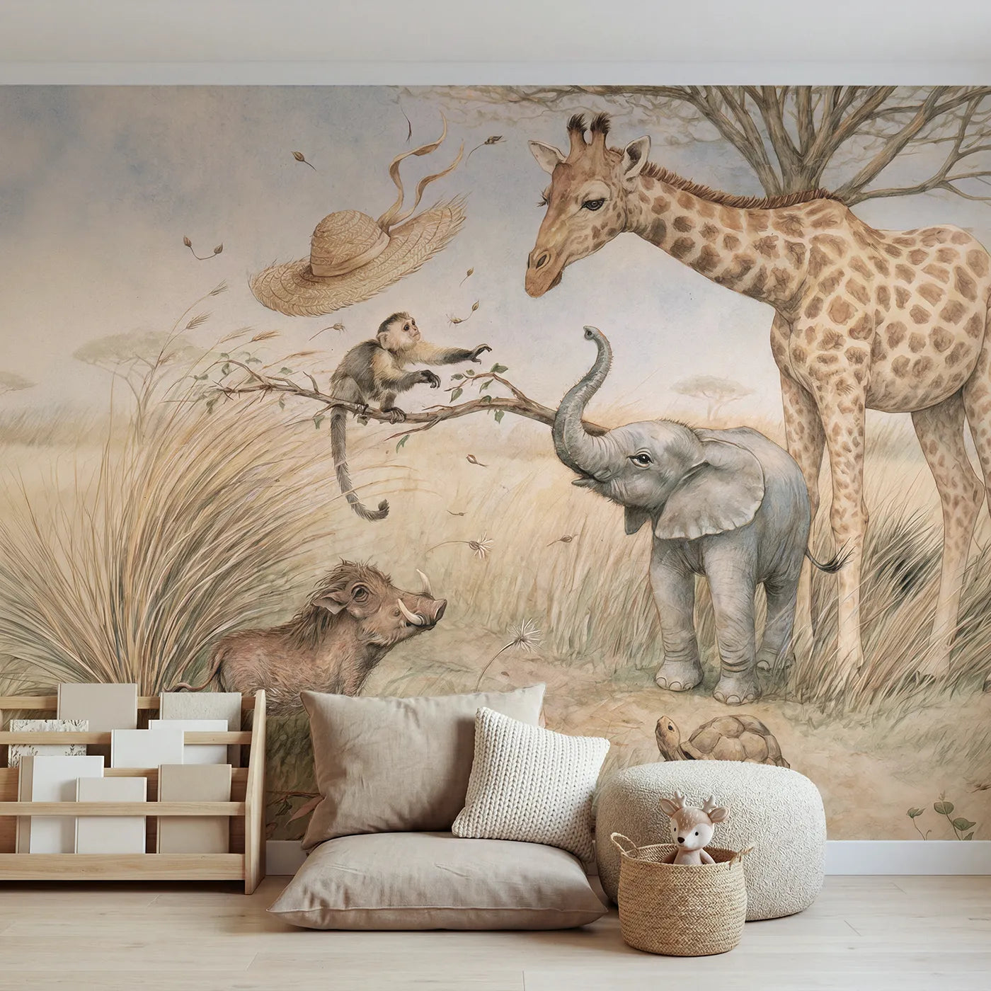 Storybook animals passing a straw hat to a giraffe, wall mural for a bedroom by Whimsy Tots