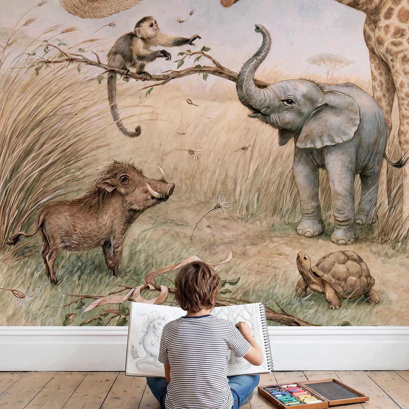 Child in nursery with The Traveling Hat Wallpaper Mural by Whimsy Tots