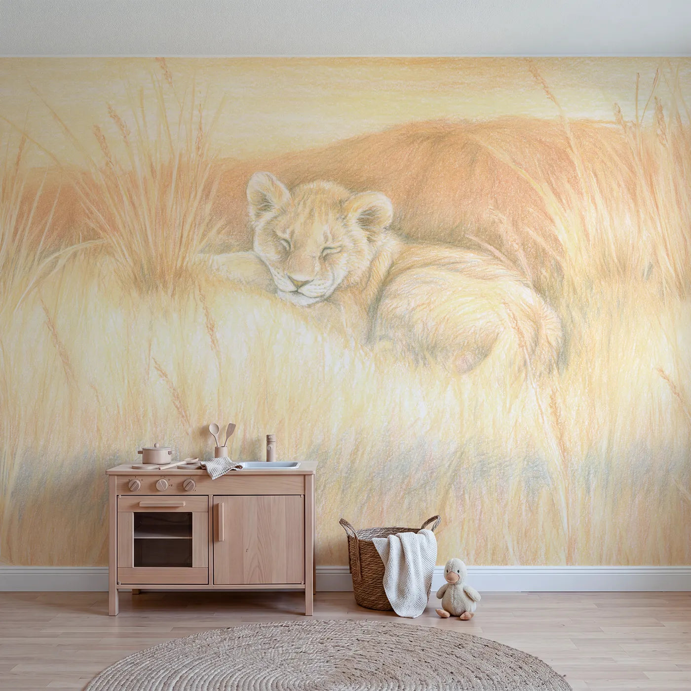 Colored-pencil wall mural of a curled sleeping lion cub by Whimsy Tots