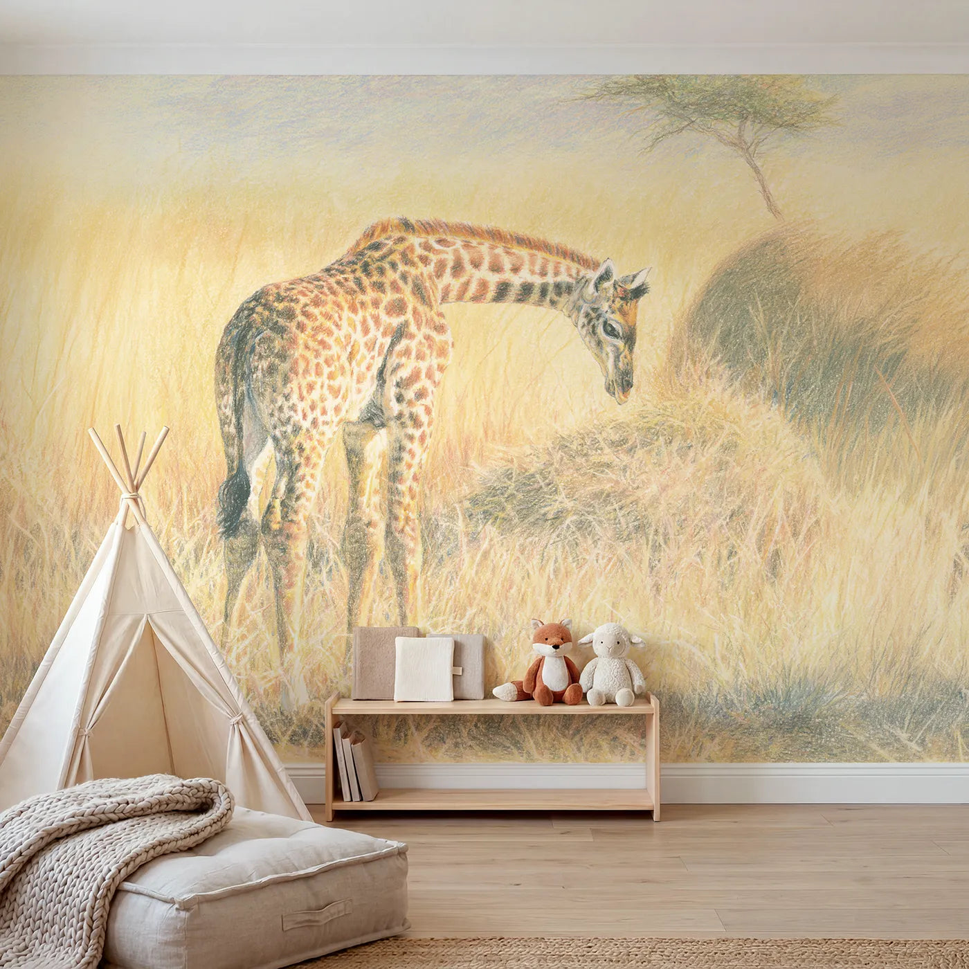 Colored-pencil wall mural of a baby giraffe calf by Whimsy Tots