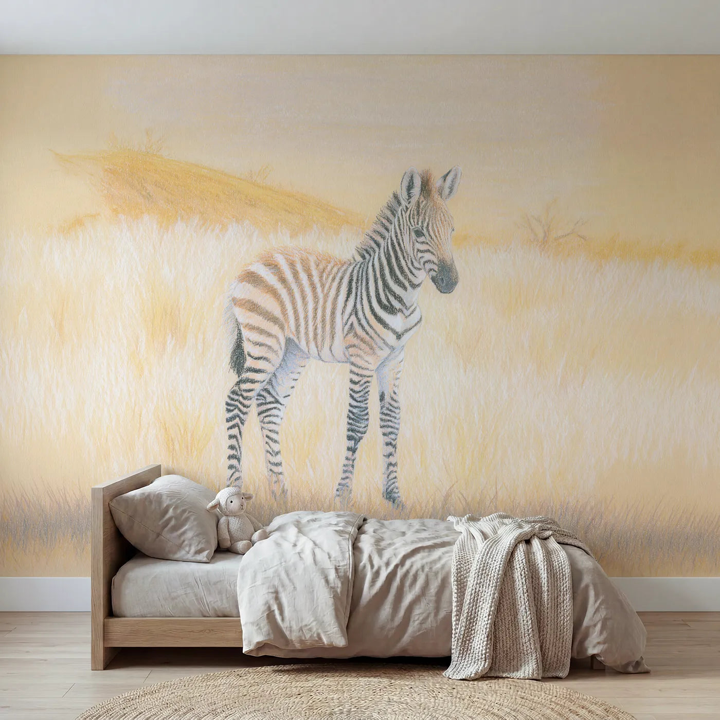 Colored-pencil wall mural of a standing zebra foal by Whimsy Tots
