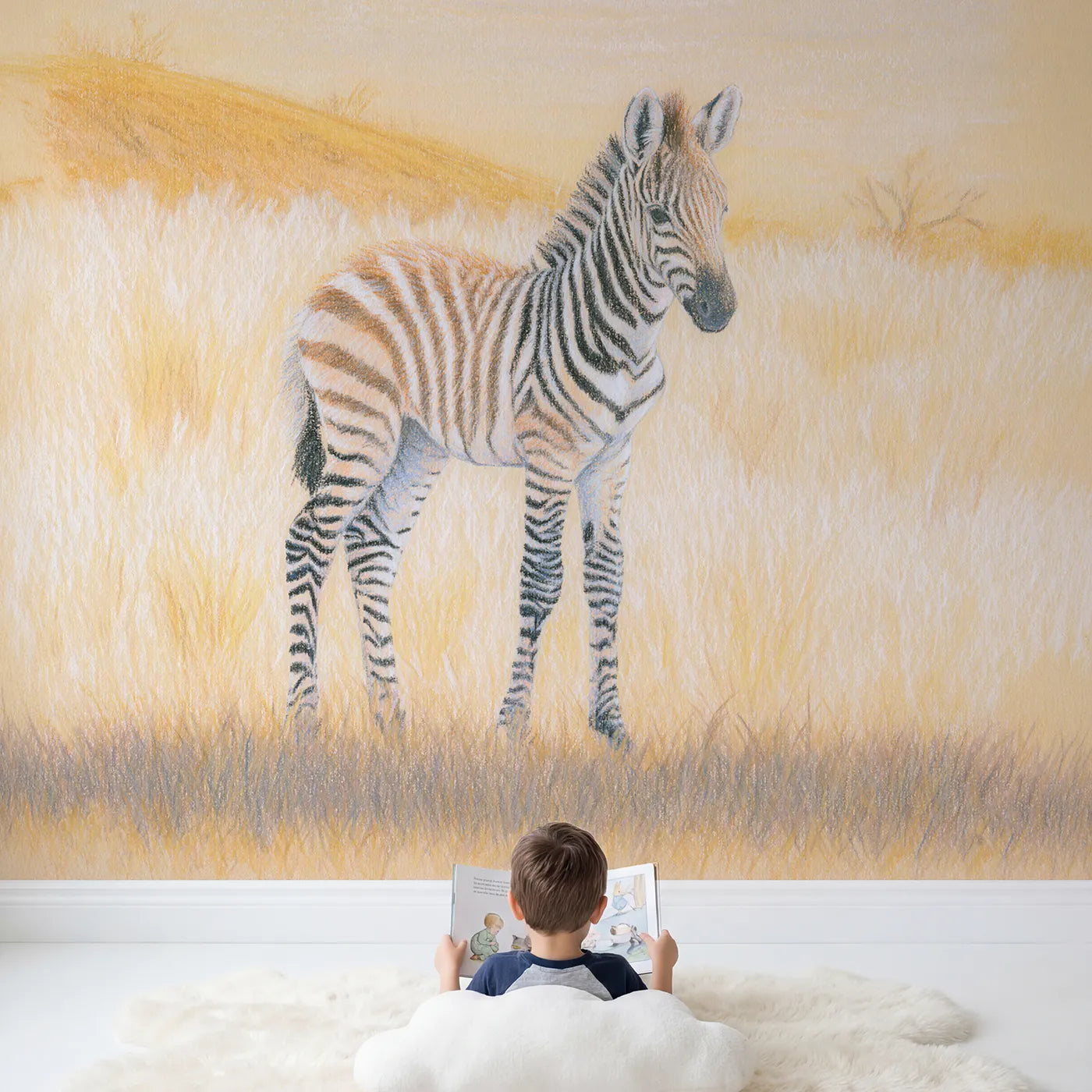 Child in nursery with Standing Zebra Foal Wallpaper Mural by Whimsy Tots