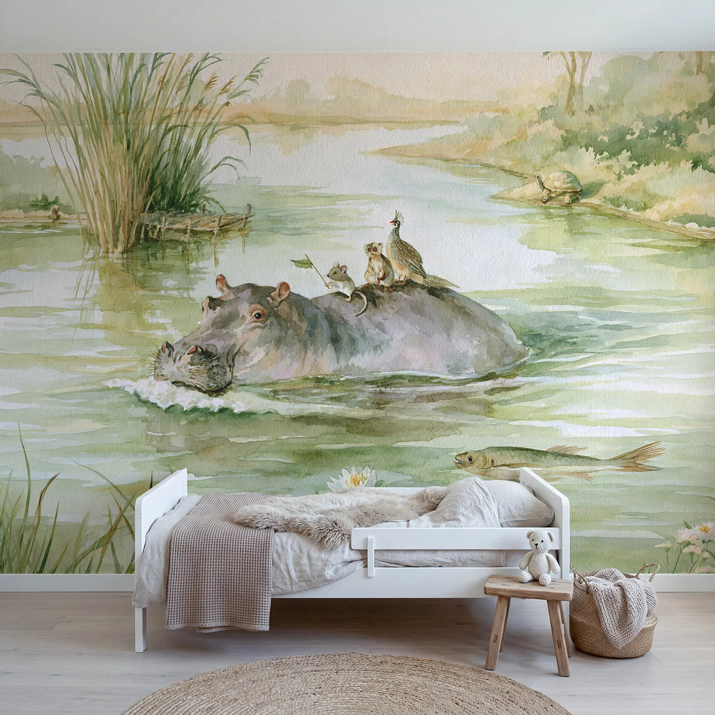 Watercolor hippo ferrying small animals across a river, wall mural for a kids room by Whimsy Tots