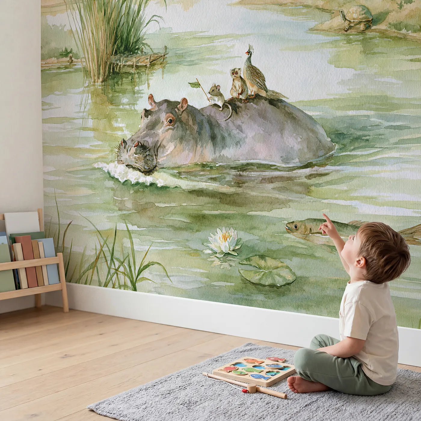 Child in nursery with Hippo River Ferry Wallpaper Mural by Whimsy Tots