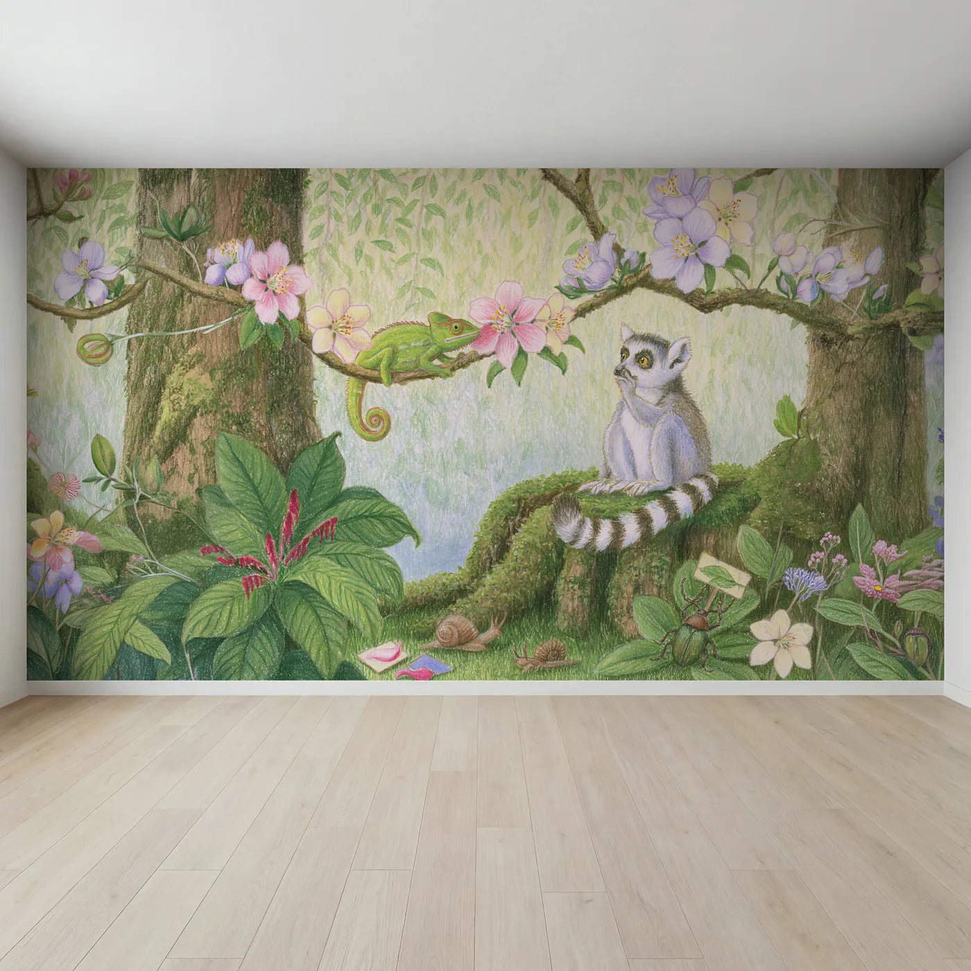 Full view of Chameleon Color Match Wallpaper Mural by Whimsy Tots