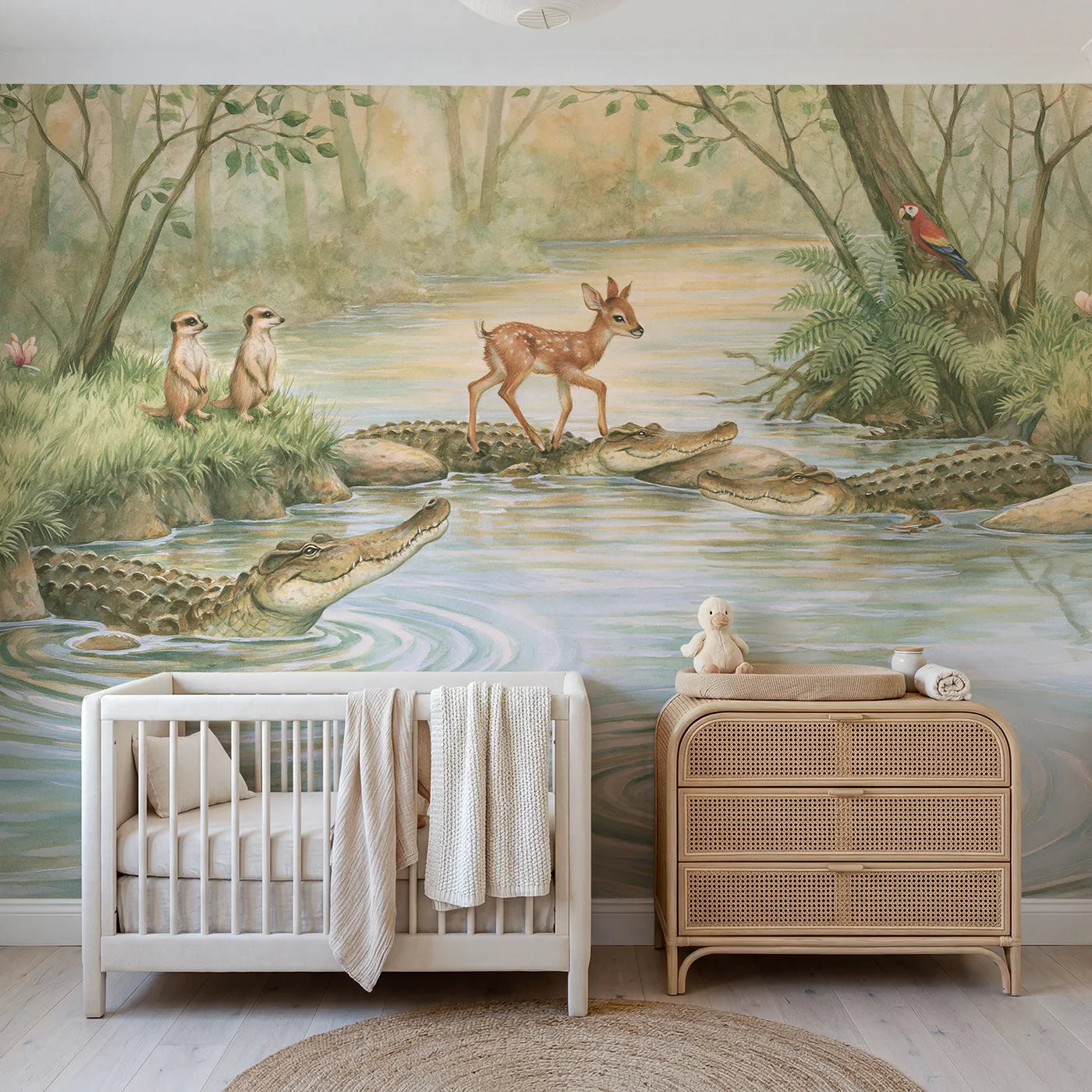 Storybook crocodiles forming a river crossing, wall mural for a kids room by Whimsy Tots