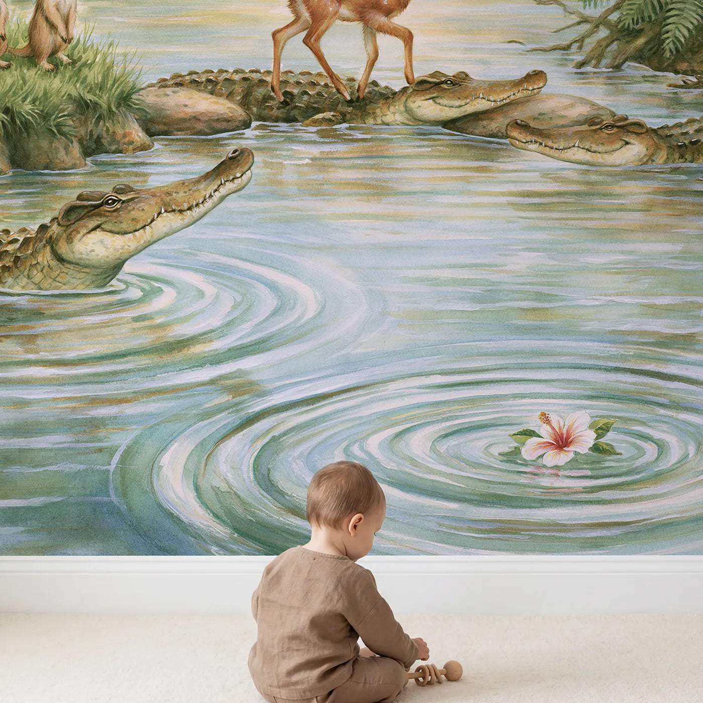 Child in nursery with Crocodile Crossing Bridge Wallpaper Mural by Whimsy Tots