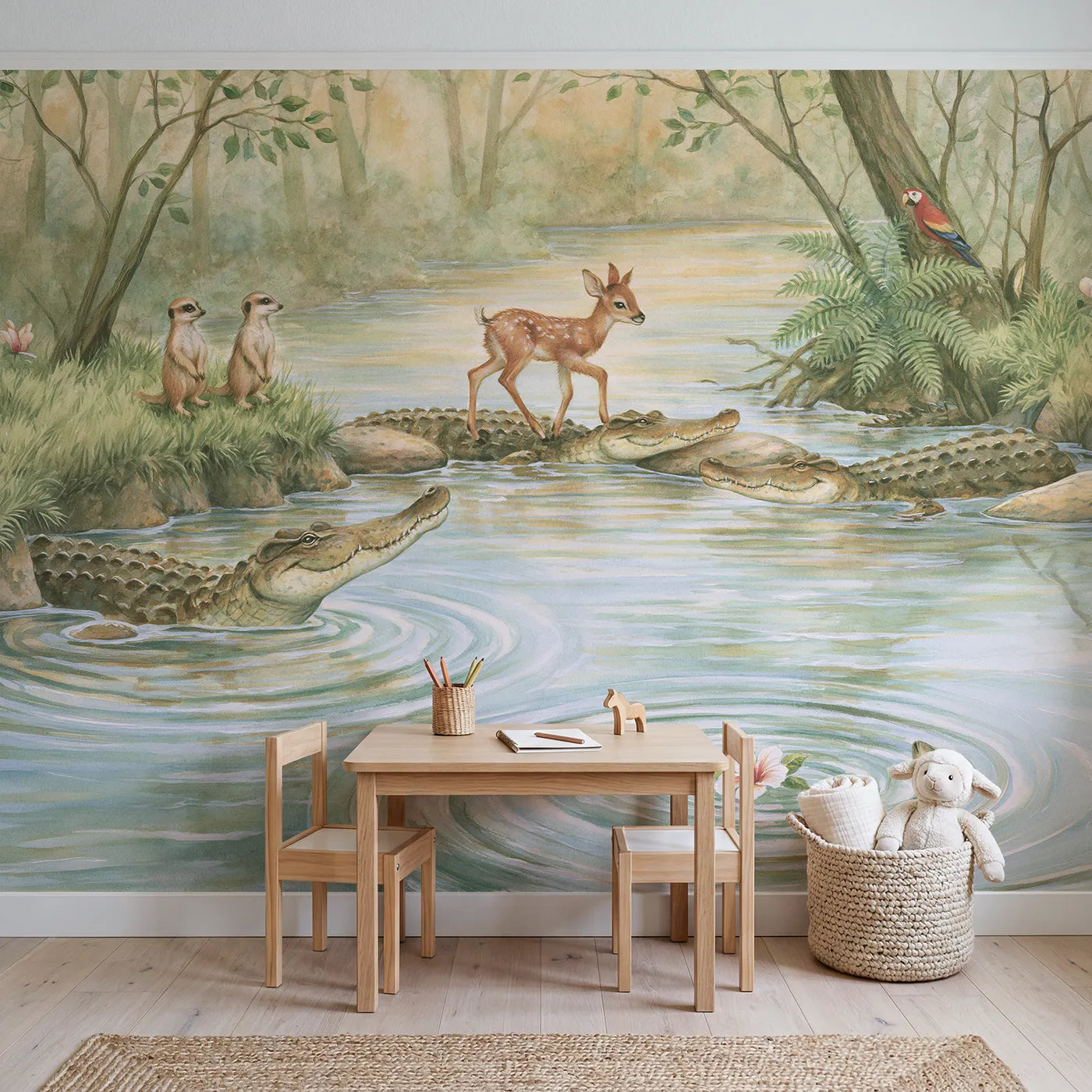 Crocodile Crossing Bridge Wallpaper Mural in playroom setting by Whimsy Tots