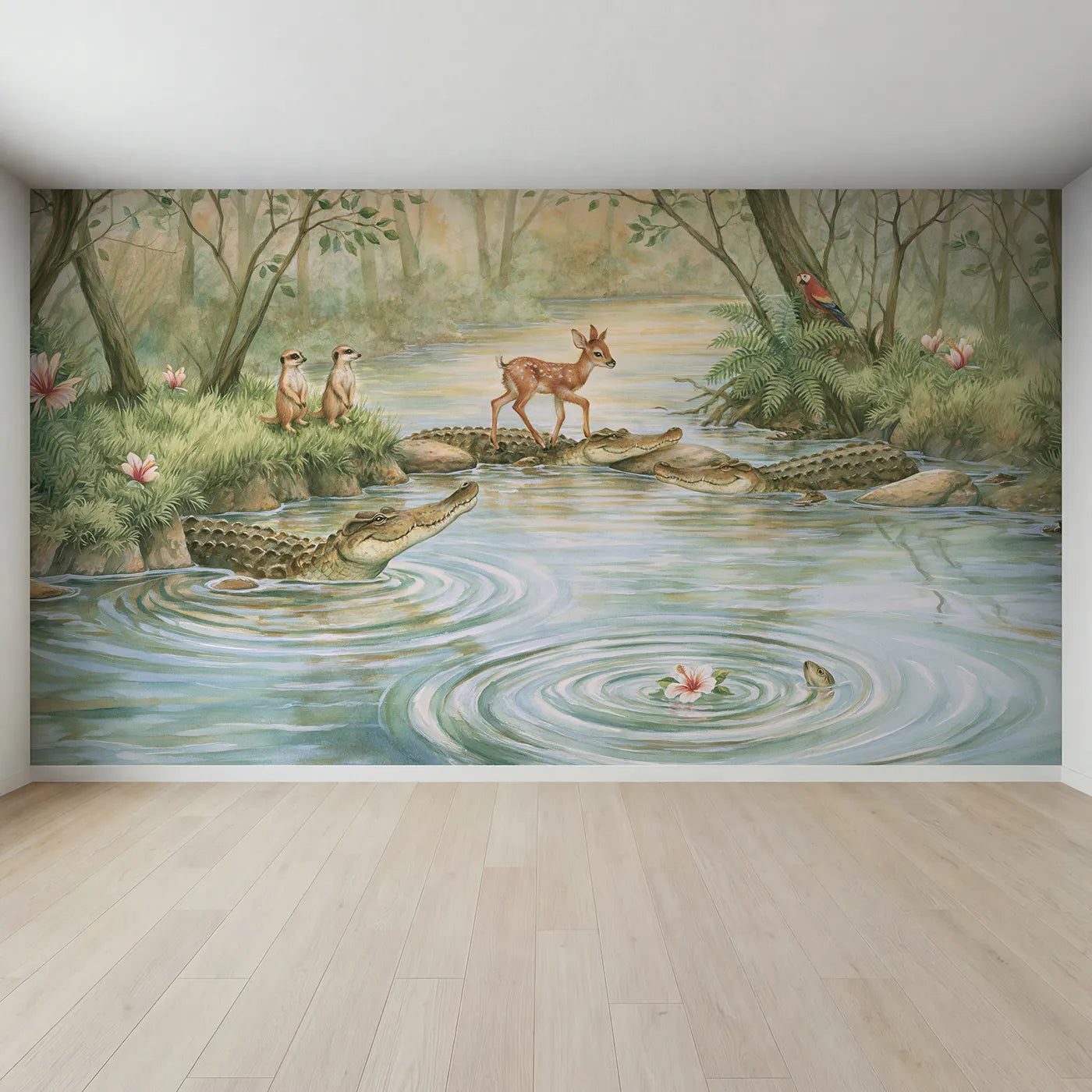 Full view of Crocodile Crossing Bridge Wallpaper Mural by Whimsy Tots