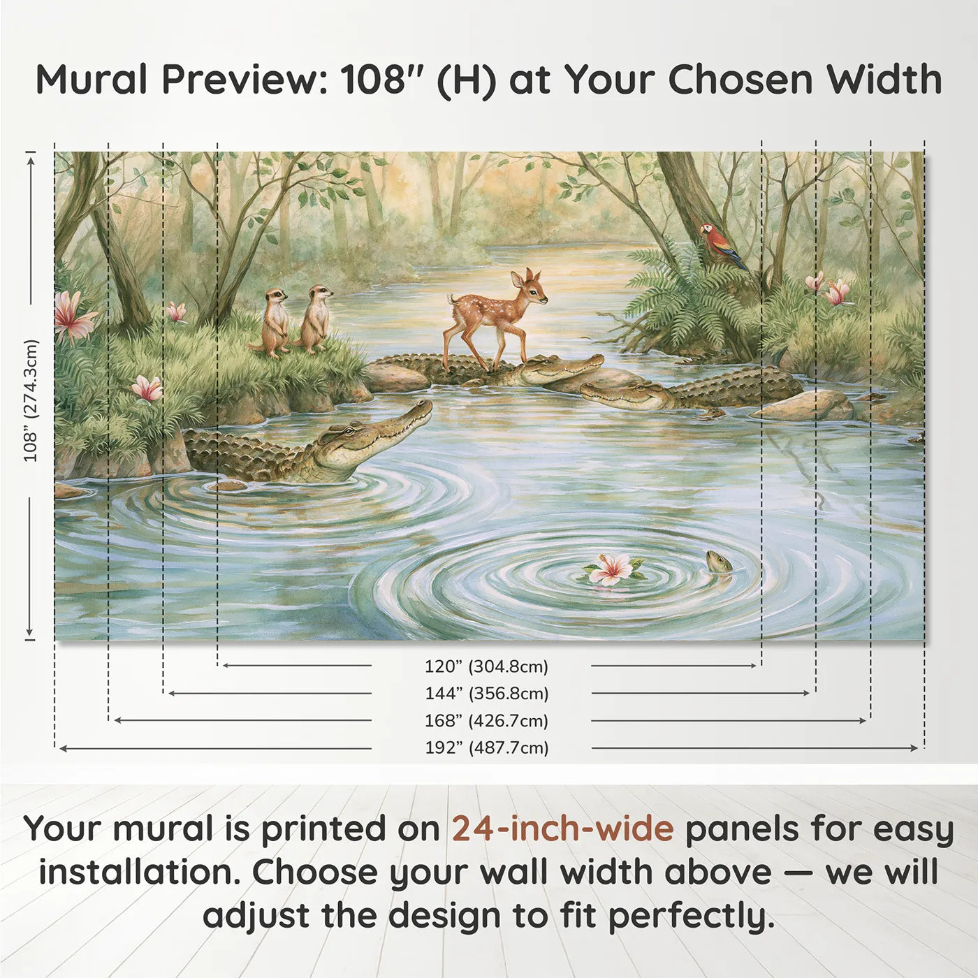Panel layout and dimensions for Crocodile Crossing Bridge Wallpaper Mural by Whimsy Tots
