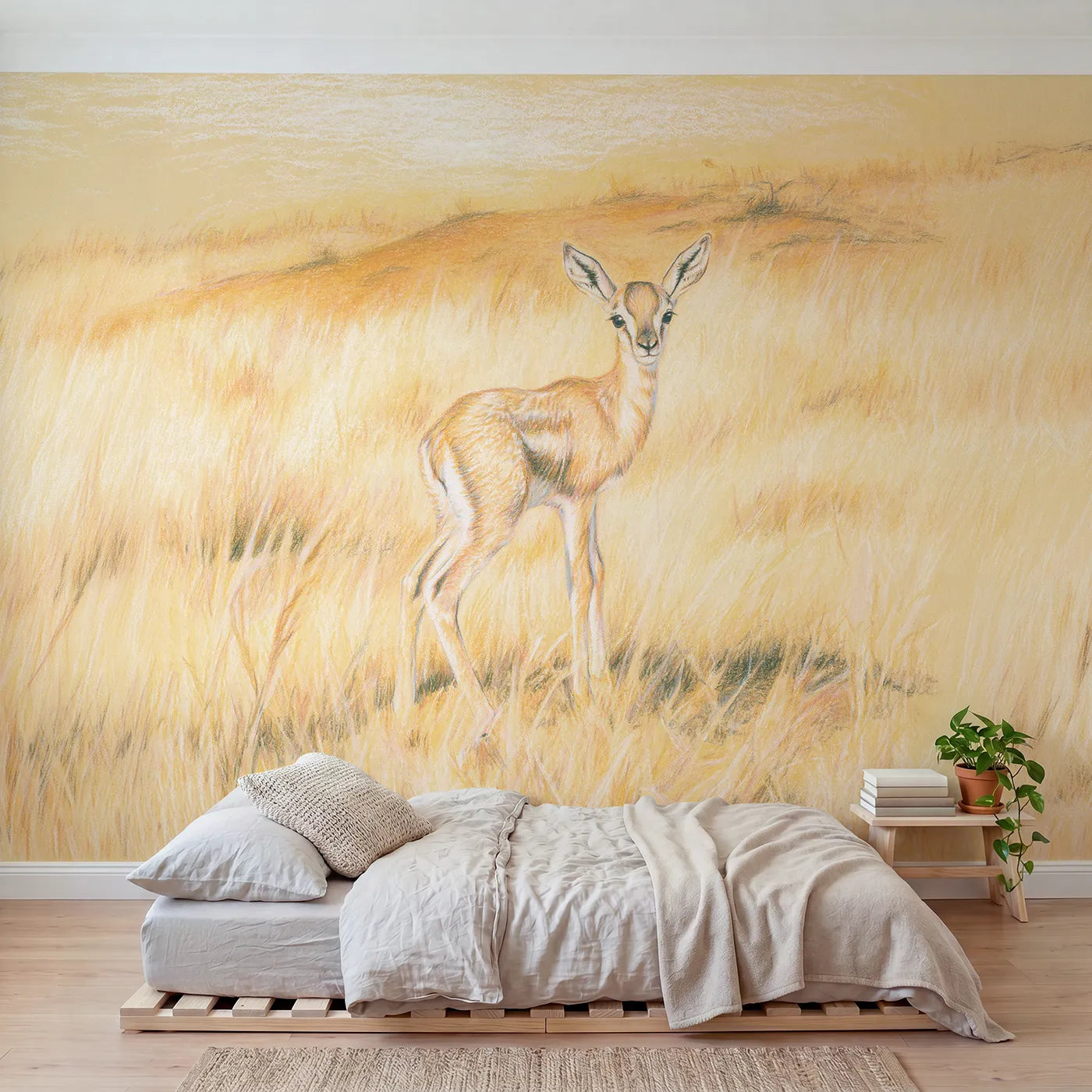Colored-pencil wall mural of a gentle gazelle fawn by Whimsy Tots