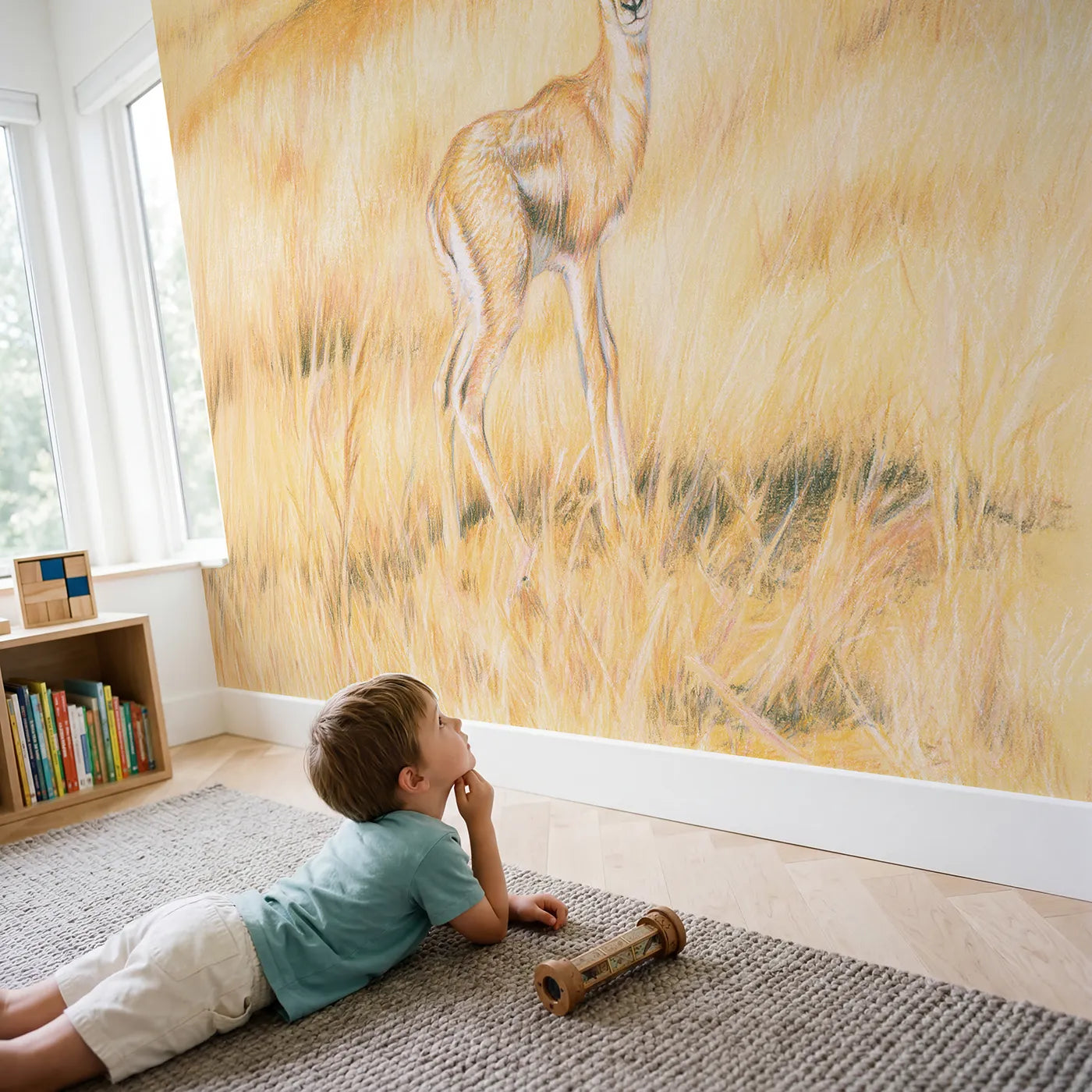 Child in nursery with Gentle Gazelle Fawn Wallpaper Mural by Whimsy Tots