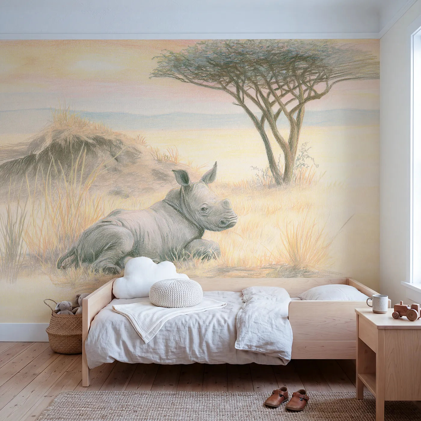 Colored-pencil wall mural of a resting rhino calf by Whimsy Tots