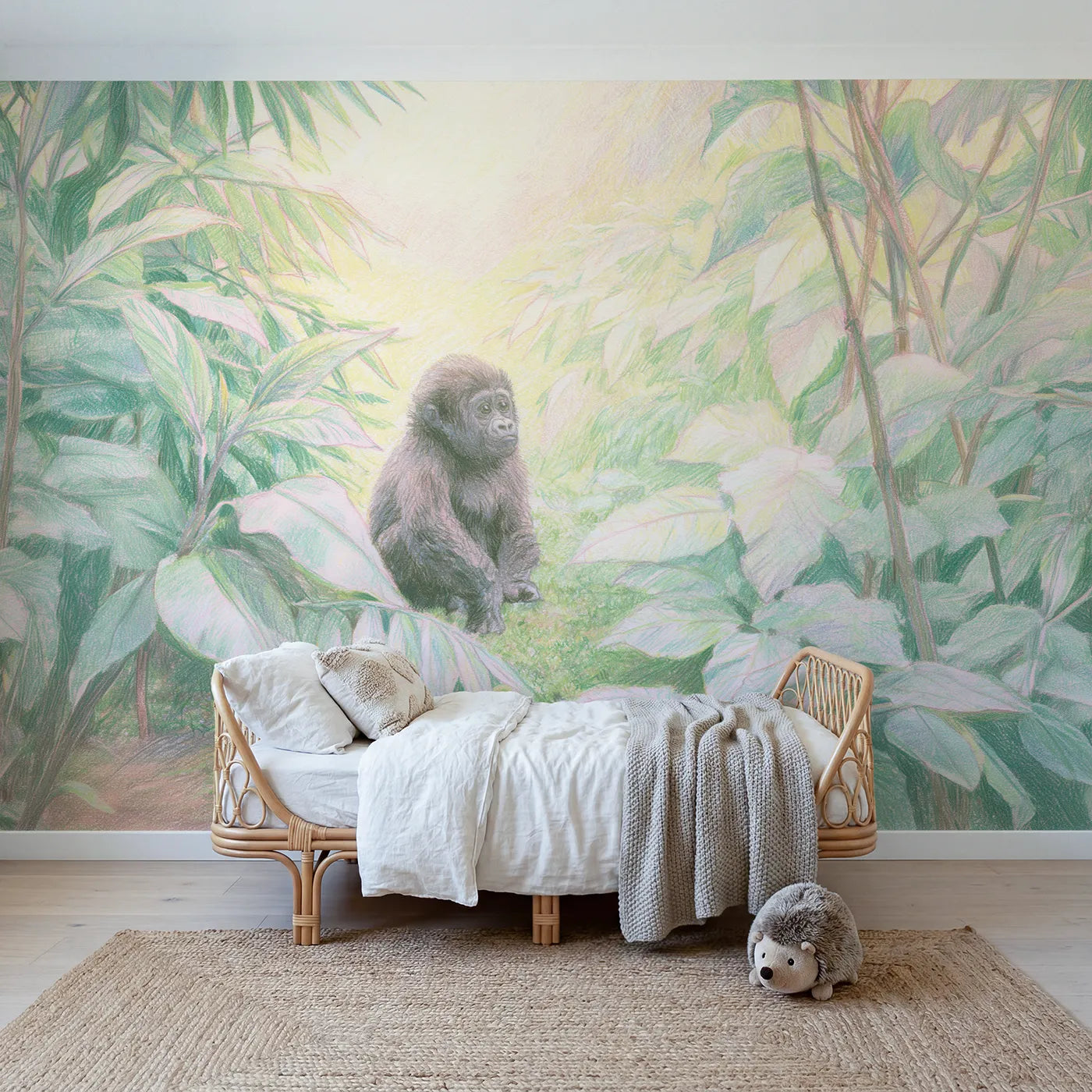 Colored-pencil wall mural of a baby gorilla among leaves by Whimsy Tots