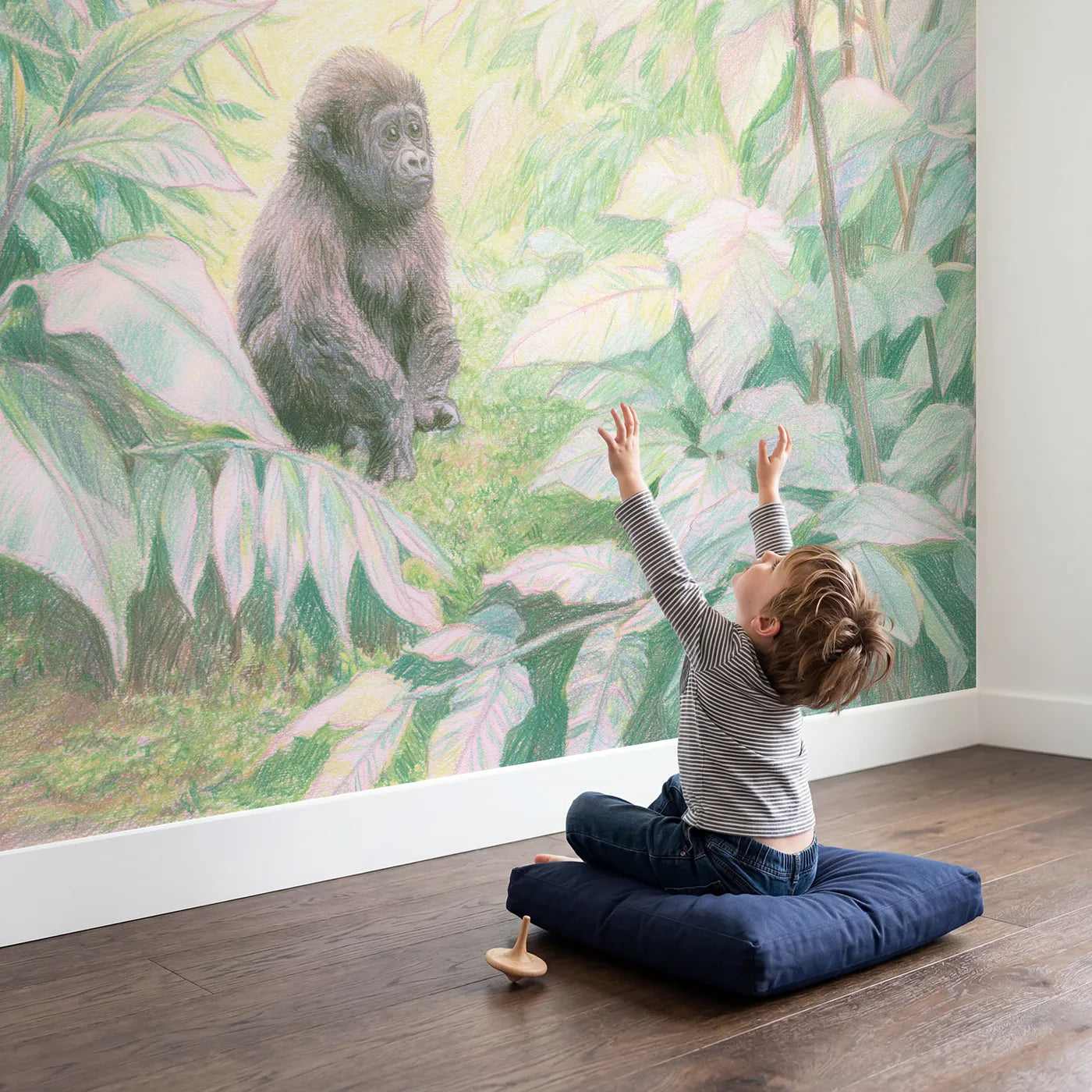 Child in nursery with Baby Gorilla in the Leaves Wallpaper Mural by Whimsy Tots