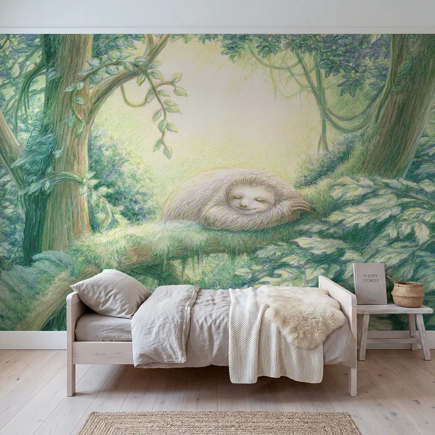 Colored-pencil wall mural of a sloth curled on a branch by Whimsy Tots