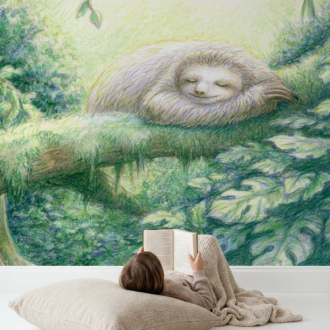 Child in nursery with Sleepy Sloth on a Branch Wallpaper Mural by Whimsy Tots