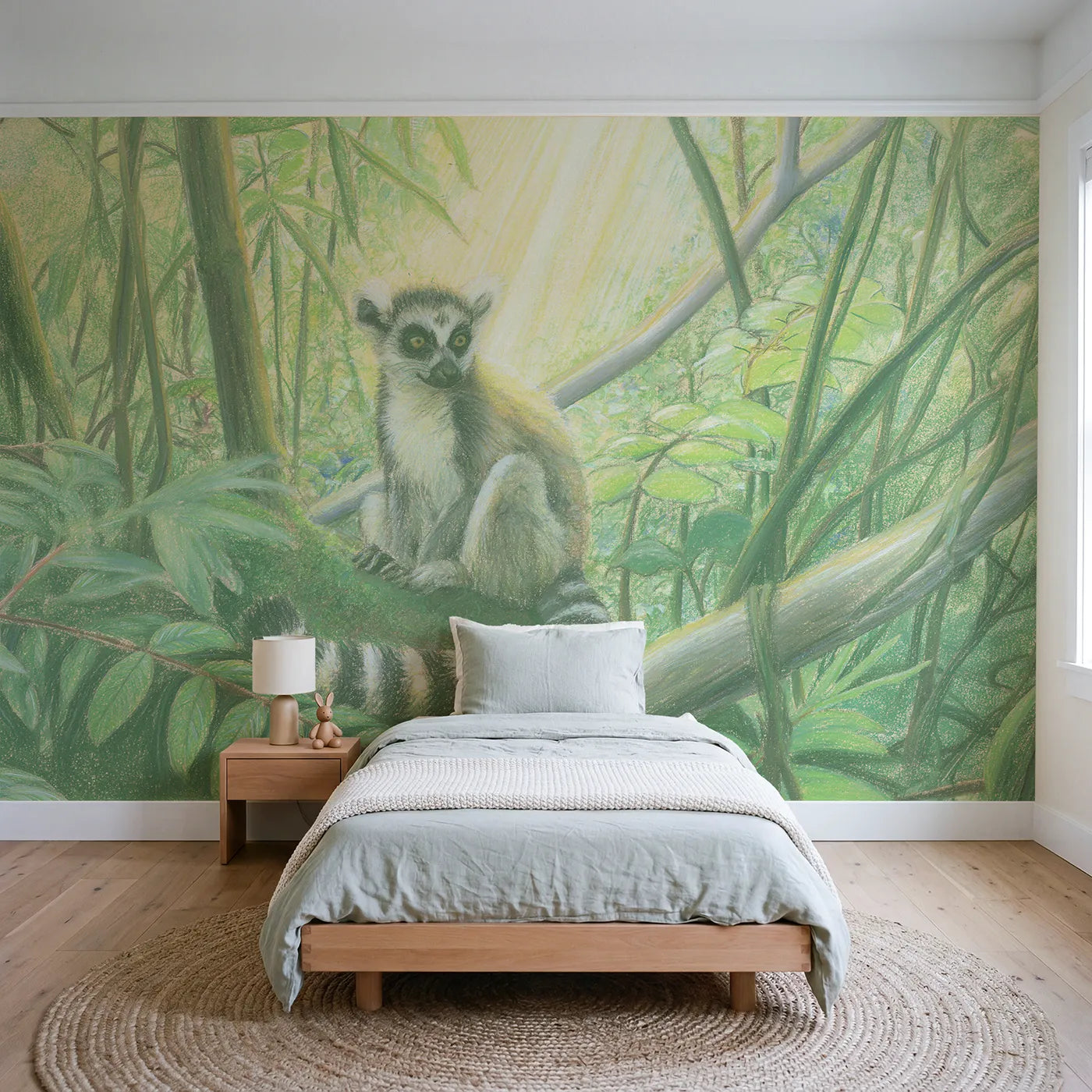 Colored-pencil wall mural of a ring-tailed lemur by Whimsy Tots