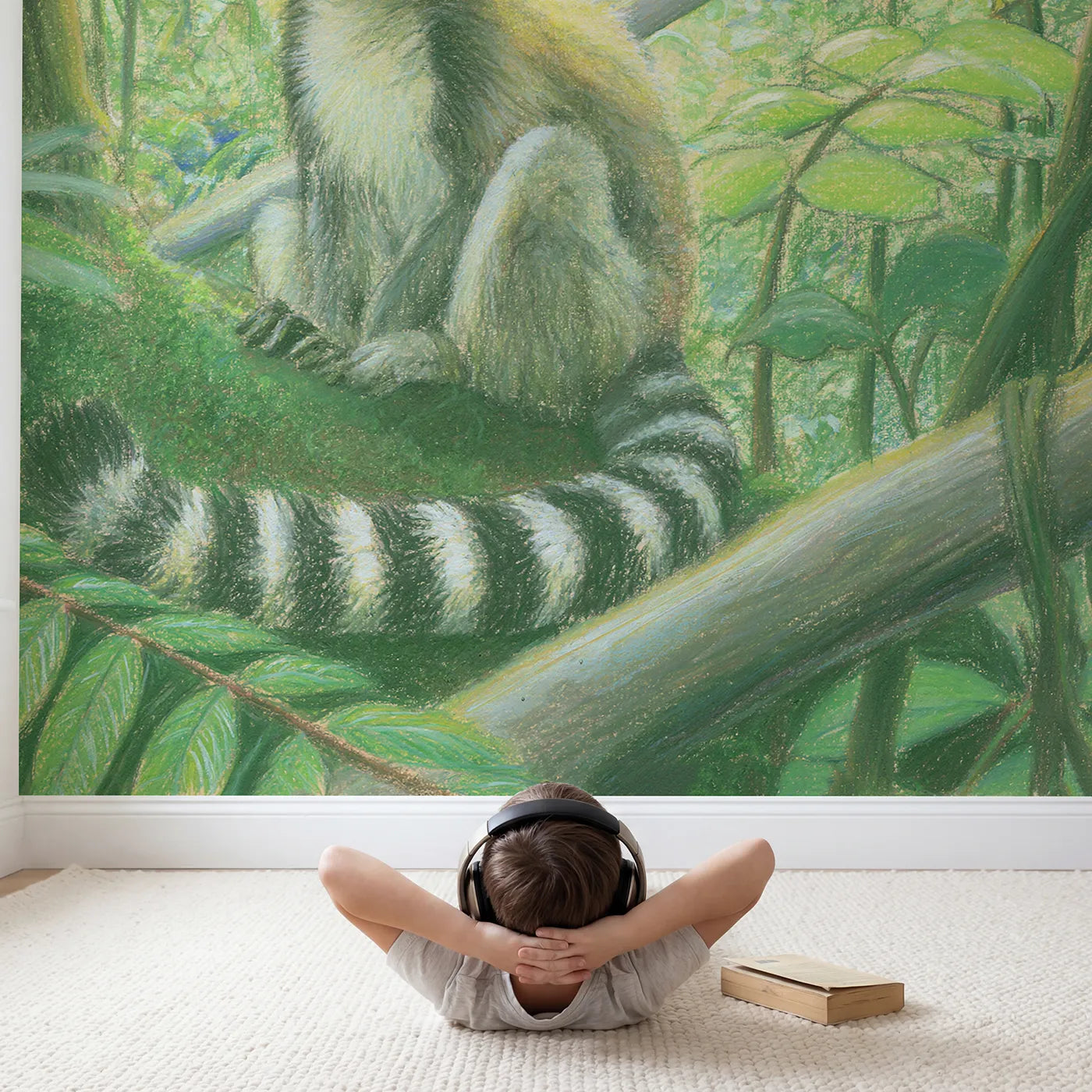 Child in nursery with Ring-Tailed Lemur Wallpaper Mural by Whimsy Tots