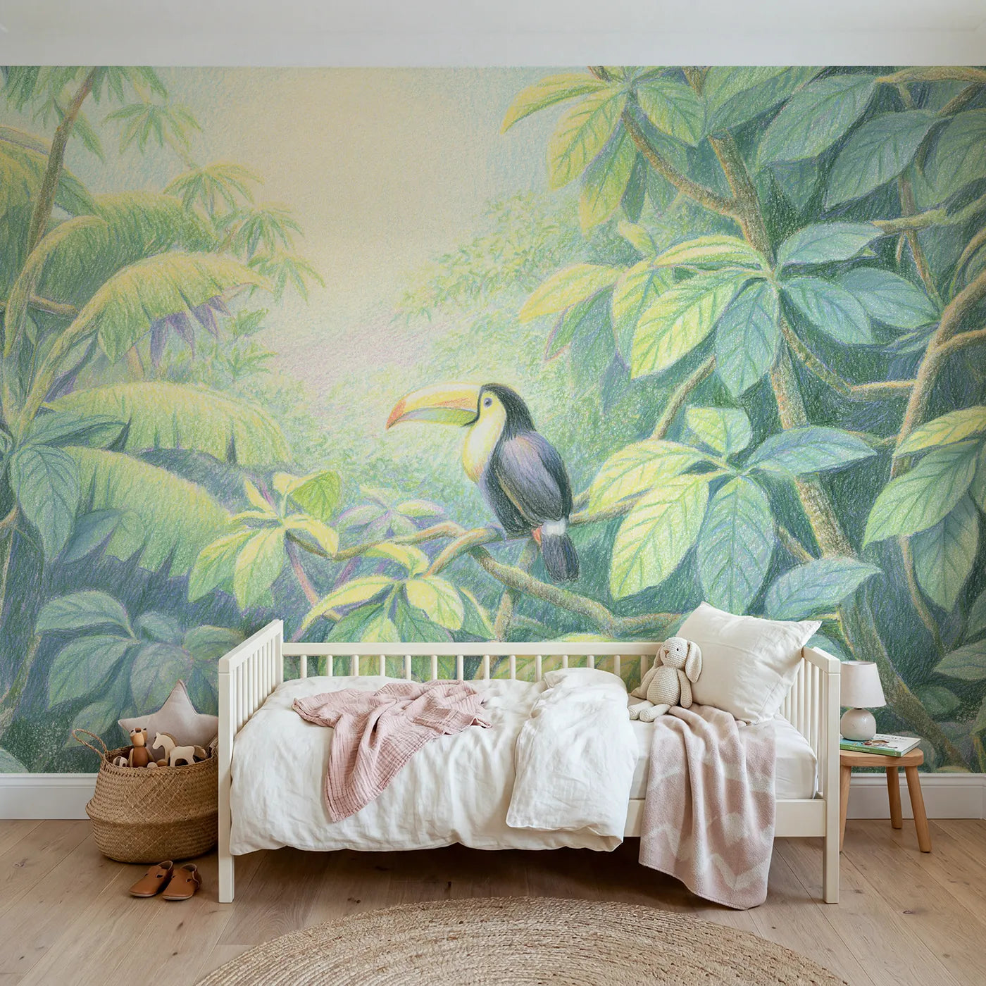 Colored-pencil wall mural of a toucan on a jungle branch by Whimsy Tots