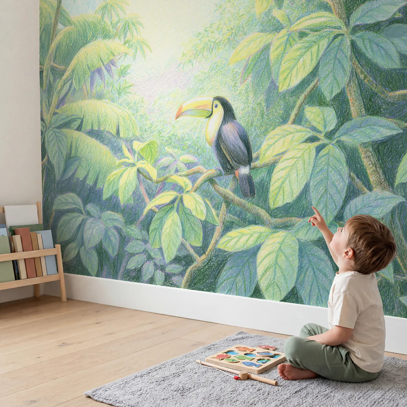 Child in nursery with Toucan on a Branch Wallpaper Mural by Whimsy Tots